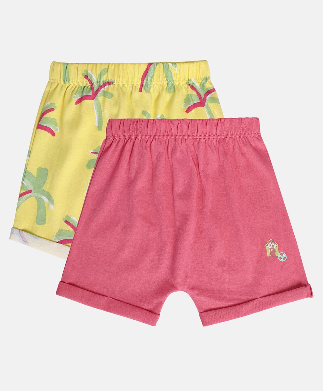 MINI KLUB Cotton Woven Pack Of 2 Solid & Palm Trees Printed Shorts - Yellow & Pink-picture-42