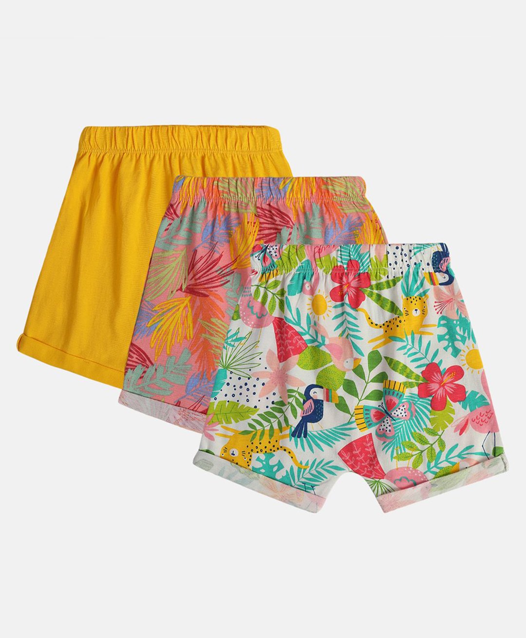 MINI KLUB Cotton Woven Pack Of 3 Solid & Floral Printed Shorts - Pink Mustard & White-picture-40