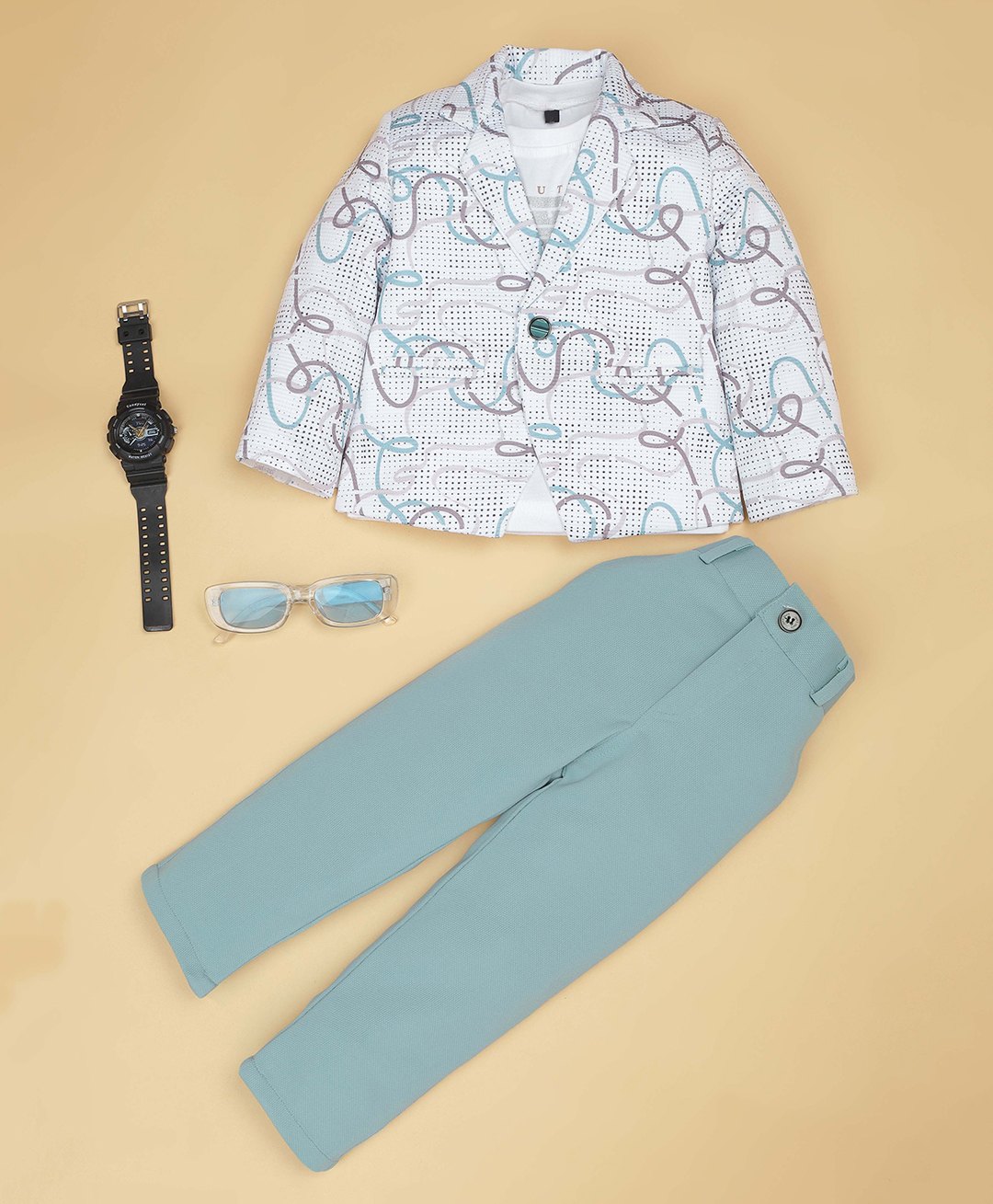 Rikidoos Full Sleeves Abstract Printed Blazer With Tee & Pant Set - White & Sea Green-picture-21