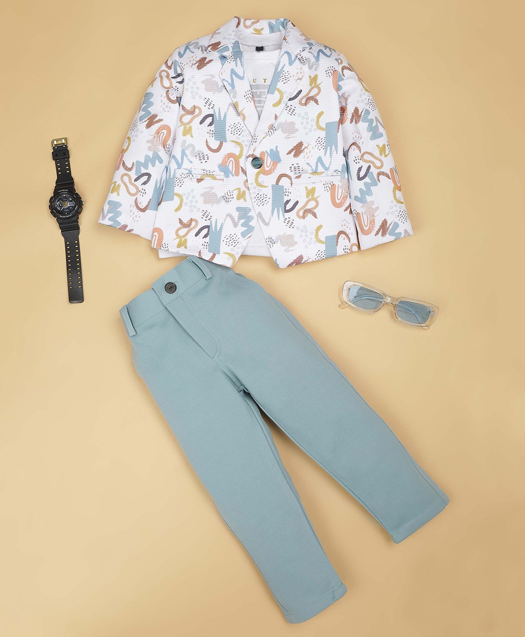 Rikidoos Full Sleeves Abstract Printed Blazer With Tee & Pant Set - White & Sea Green-picture-33
