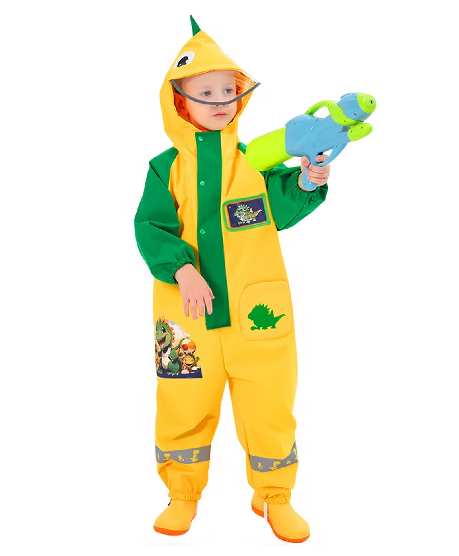 Little Surprise Box PVC Full Sleeves Baby Dinosaur Designed Jumpsuit Style Hooded Raincoat - Yellow & Green-picture-28