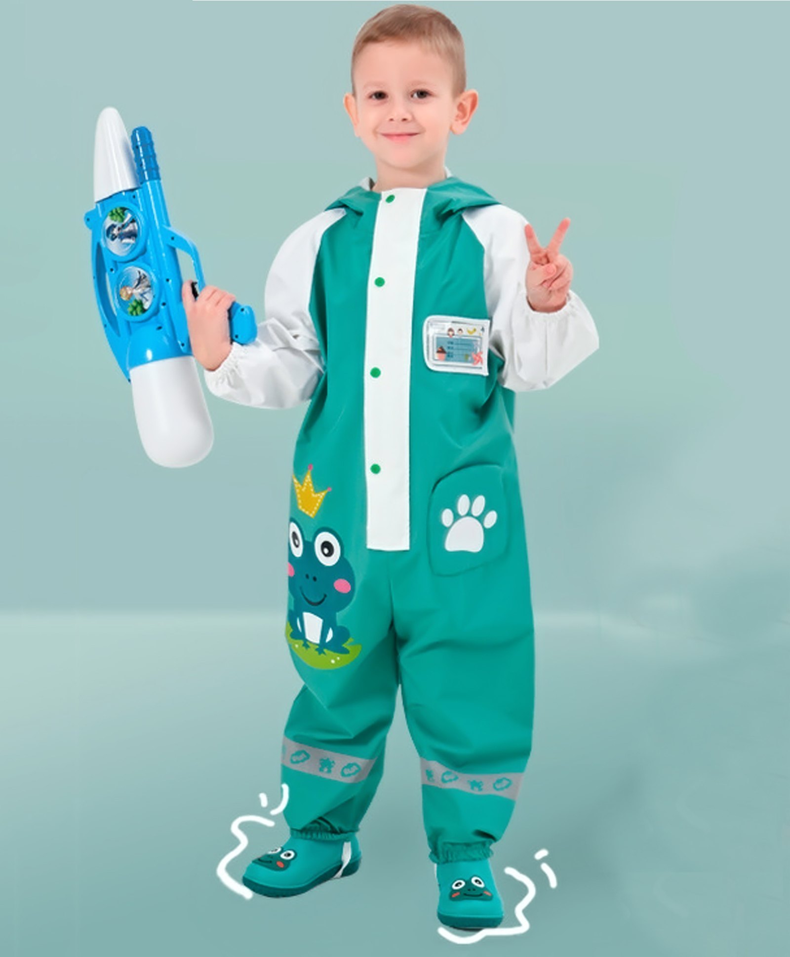 Little Surprise Box PVC Full Raglan Sleeves Frog Designed Jumpsuit Style Hooded Raincoat - Teal Blue-picture-22
