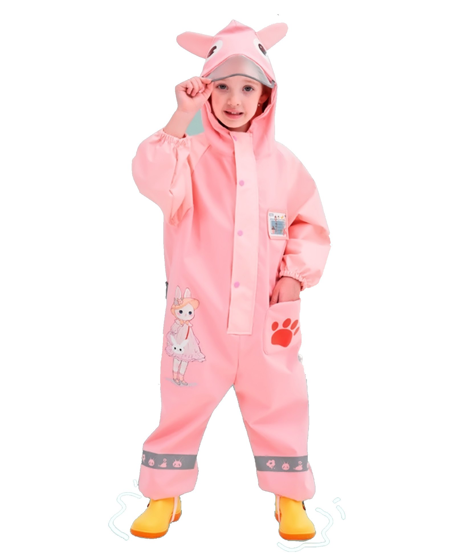 Little Surprise Box PVC Full Sleeves Bunny Designed & Ears Applique Detailed Glow In The Dark Jumpsuit Style Hooded Raincoat With Bag Set - Pink-picture-18