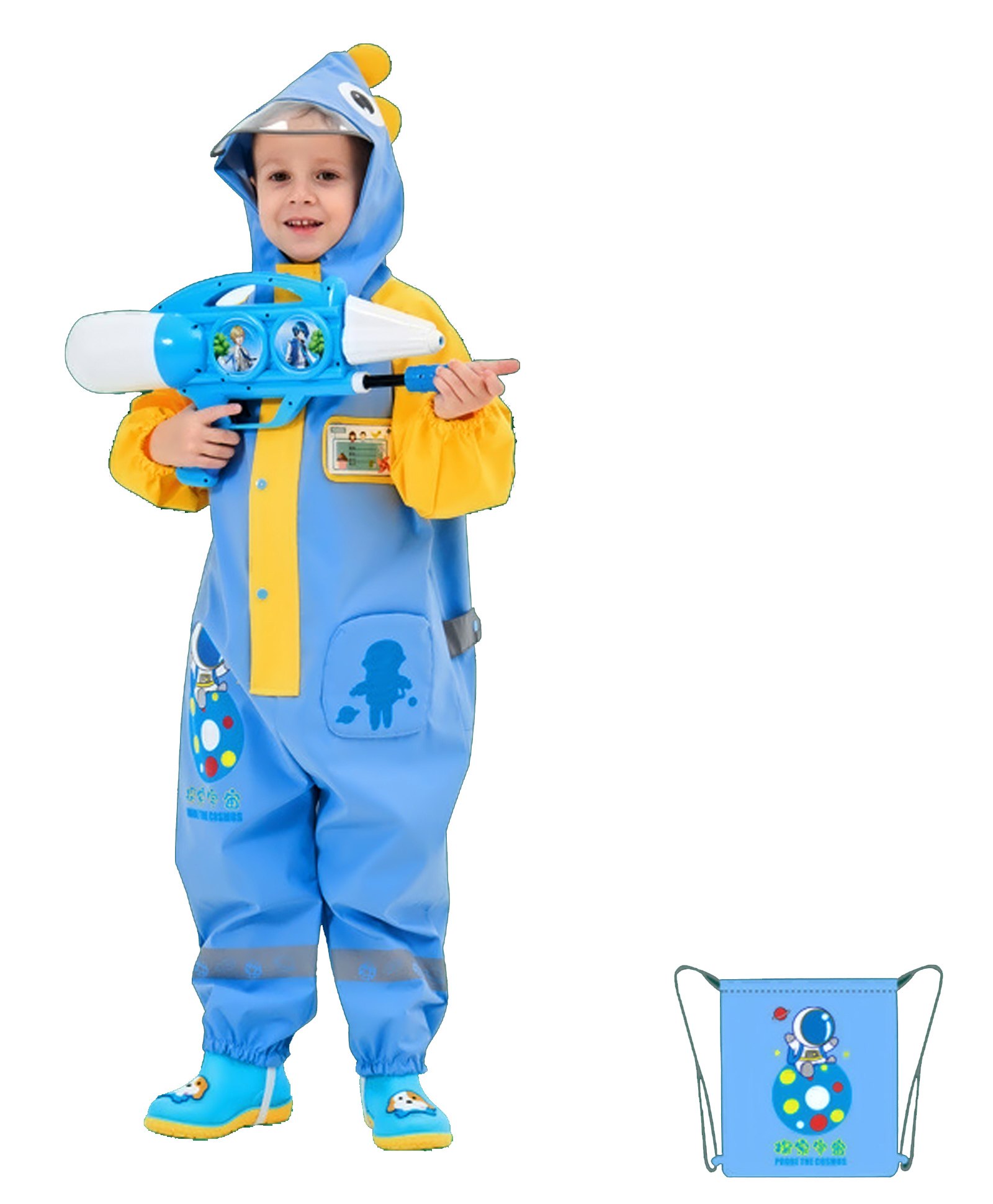 Little Surprise Box PVC Full Raglan Sleeves Space Theme Designed Glow In The Dark Jumpsuit Style Hooded Raincoat With Bag Set - Blue-picture-21