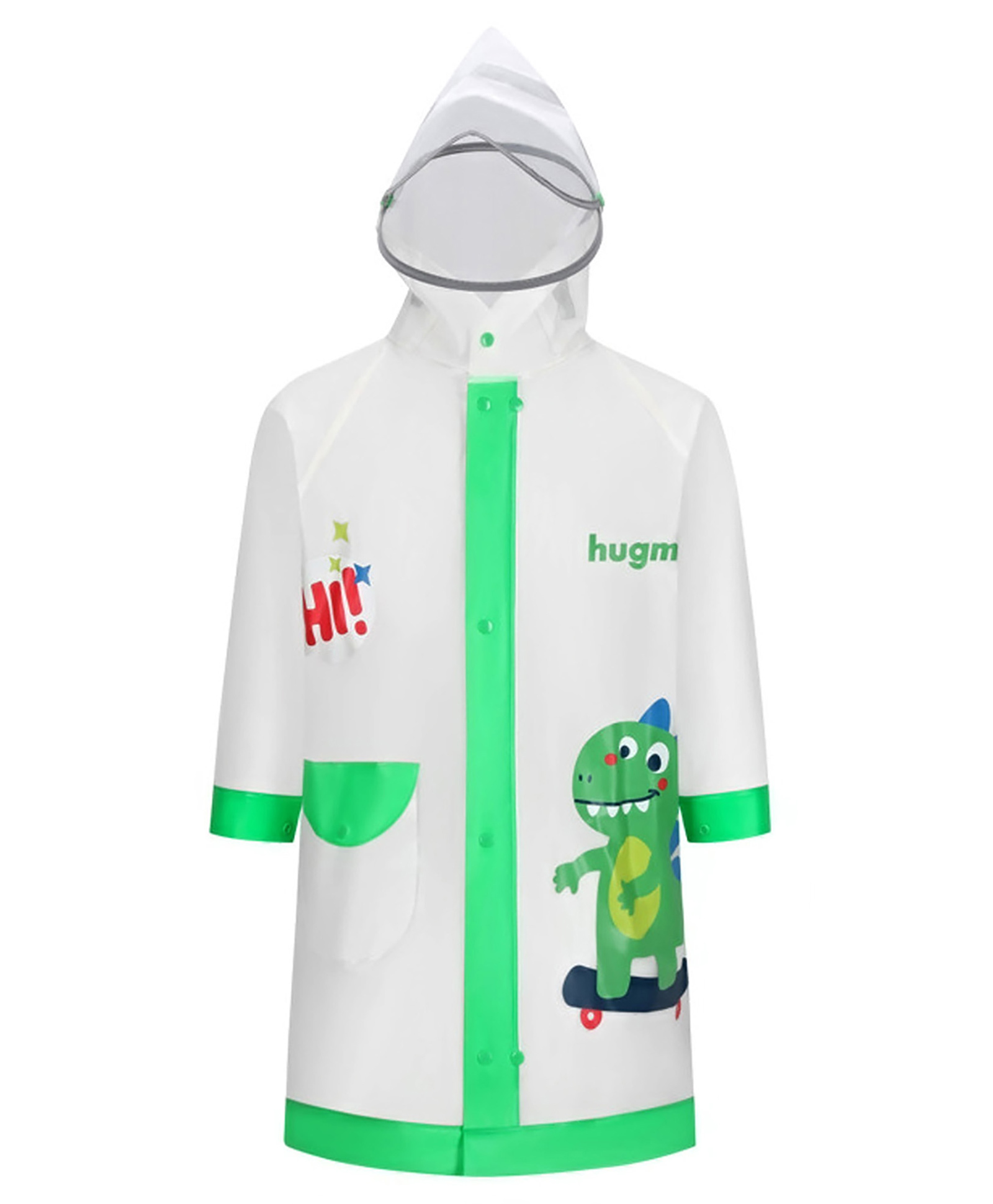Little Surprise Box PVC Full Sleeves Dinosaur Printed Hooded Raincoat - Transparent & Green-picture-26