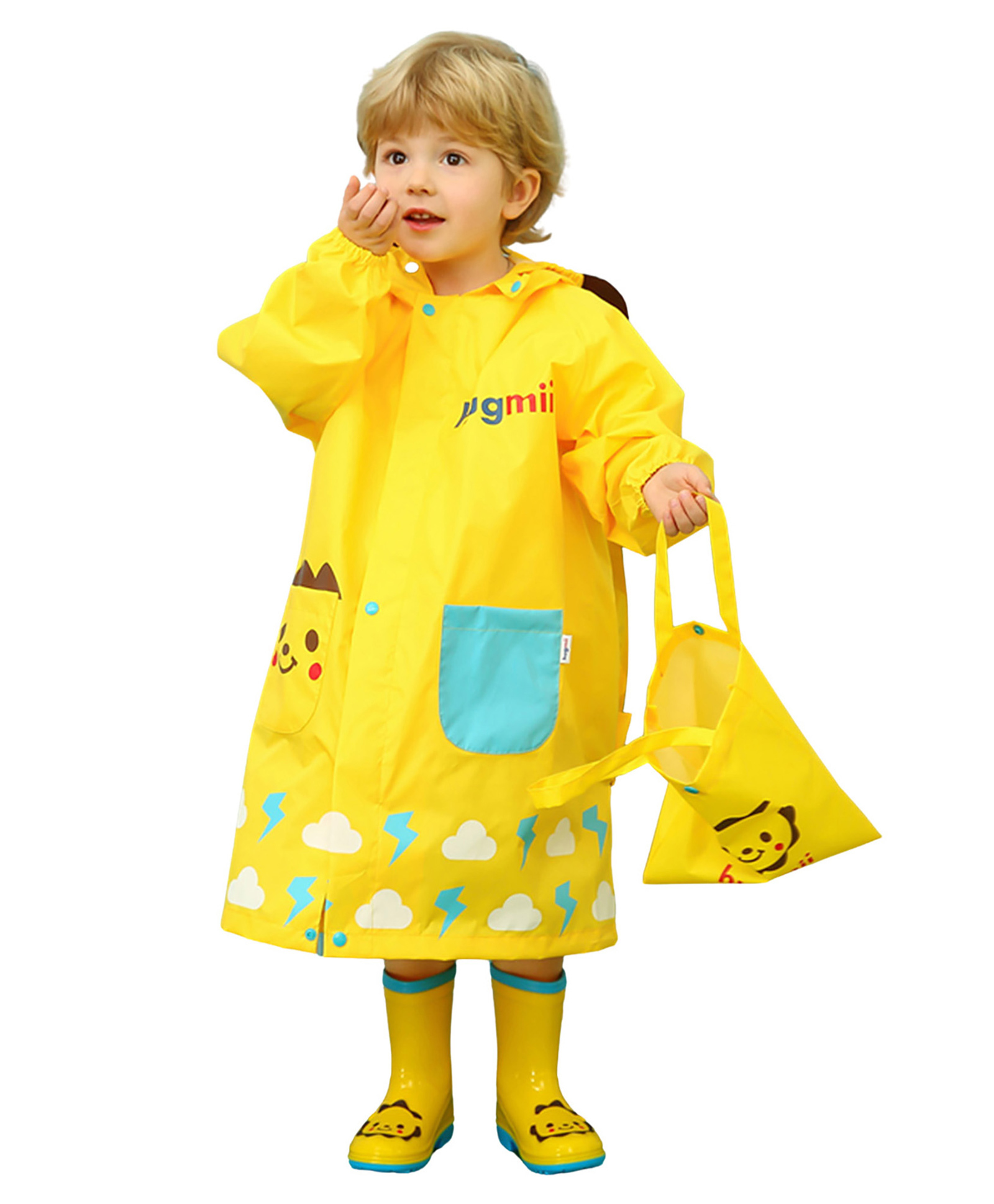 Little Surprise Box PVC Full Sleeves Cartoon Printed Hooded Raincoat With Extra Backpack Space - Yellow-picture-25