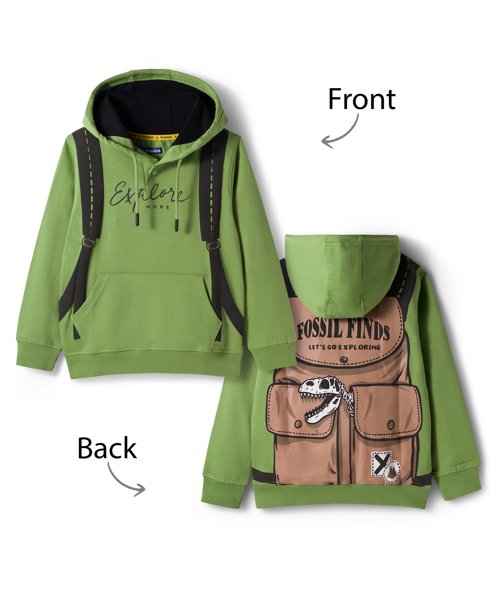 Pine Kids Cotton Knit Full Sleeves Hooded Sweatshirt With Front & Back Explorer Print & Kangaroo Pockets - Green-picture-36