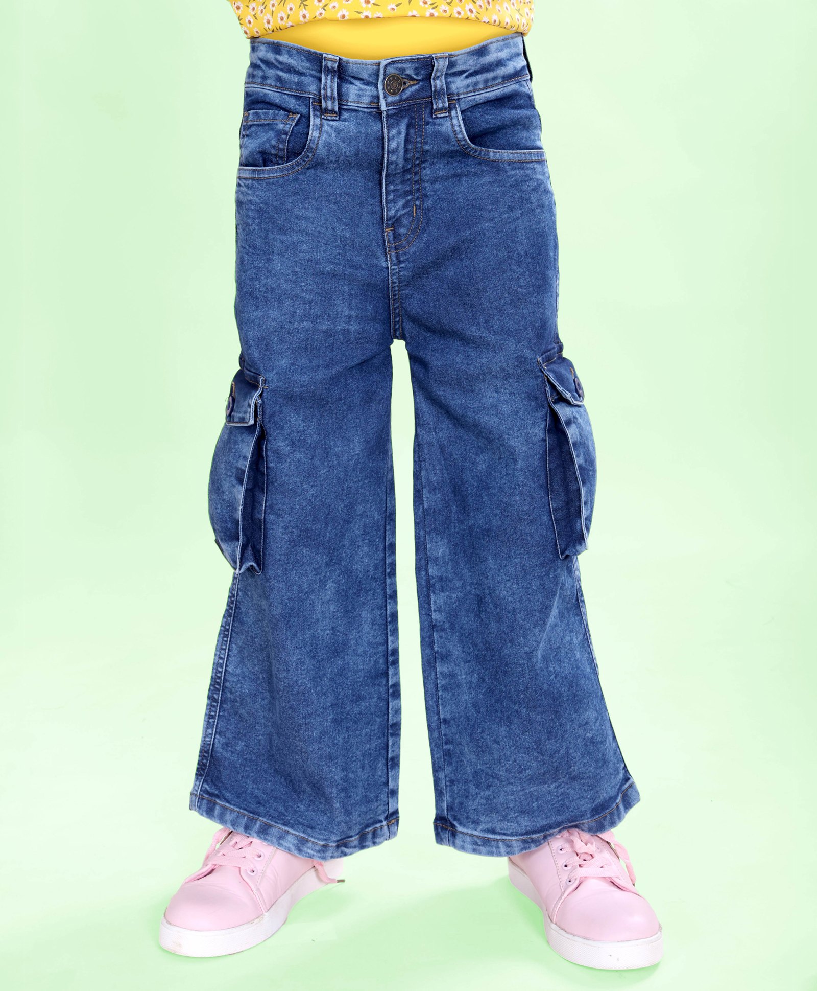 Kiddopanti Denim Woven Mild Washed Cargo Flared Jeans - Medium Blue-picture-10