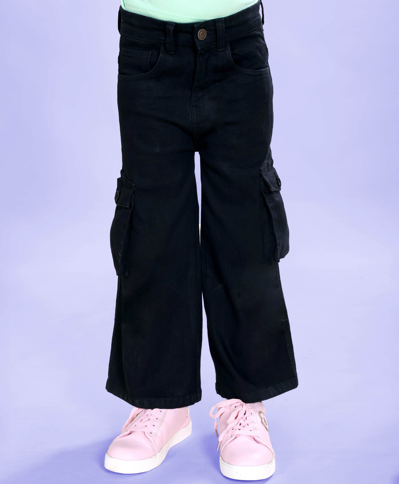 Kiddopanti Denim Woven Mild Washed Cargo Flared Jeans - Black-picture-20