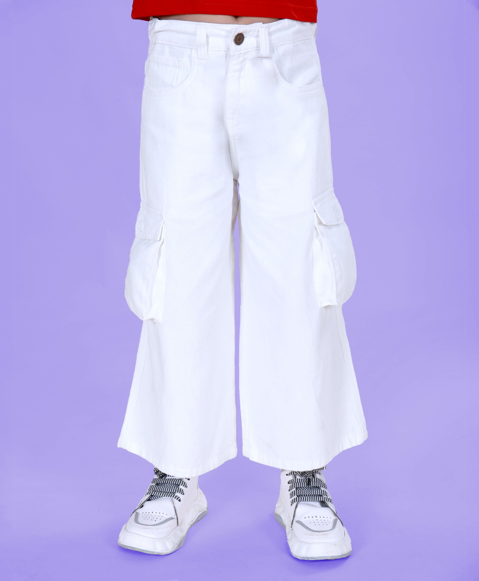 Kiddopanti Denim Woven Mild Washed Cargo Flared Jeans - White-picture-29