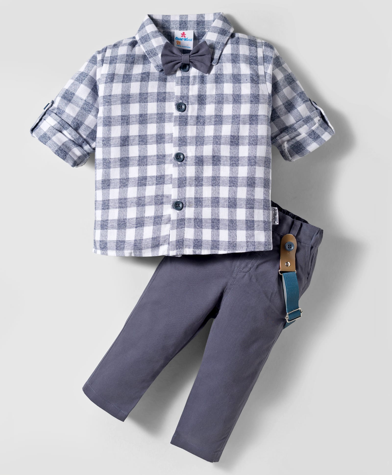Child World Textile Woven Full Sleeves Shirt & Trouser Set with Check Suspender & Bow - Blue-image-46