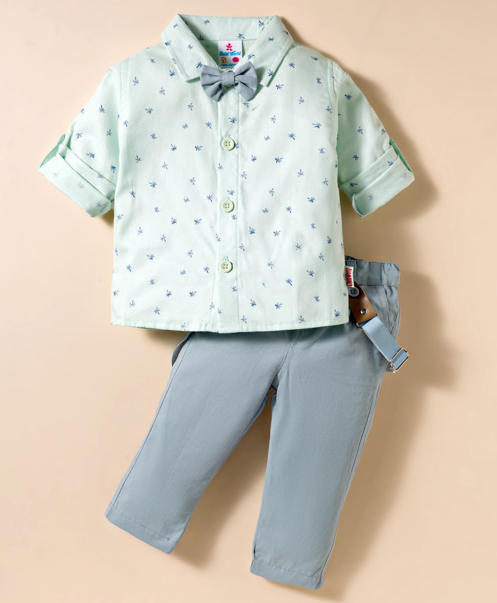 Child World Textile Woven Full Sleeves Shirt & Trouser Set with Tree Print Suspender & Bow - Light Blue-picture-14