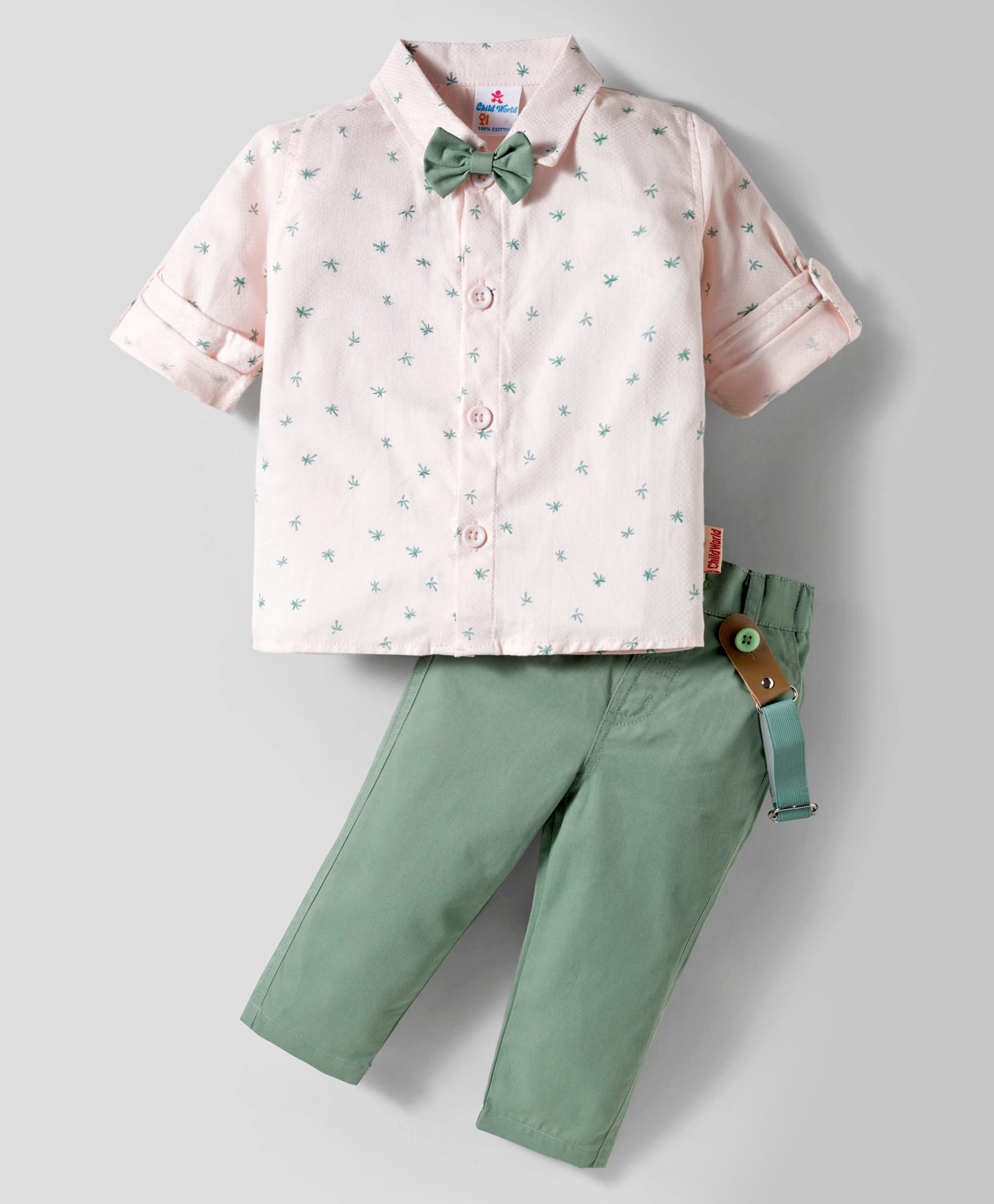 Child World Textile Woven Full Sleeves Shirt & Trouser Set with Tree Print Suspender & Bow - Mint-picture-12