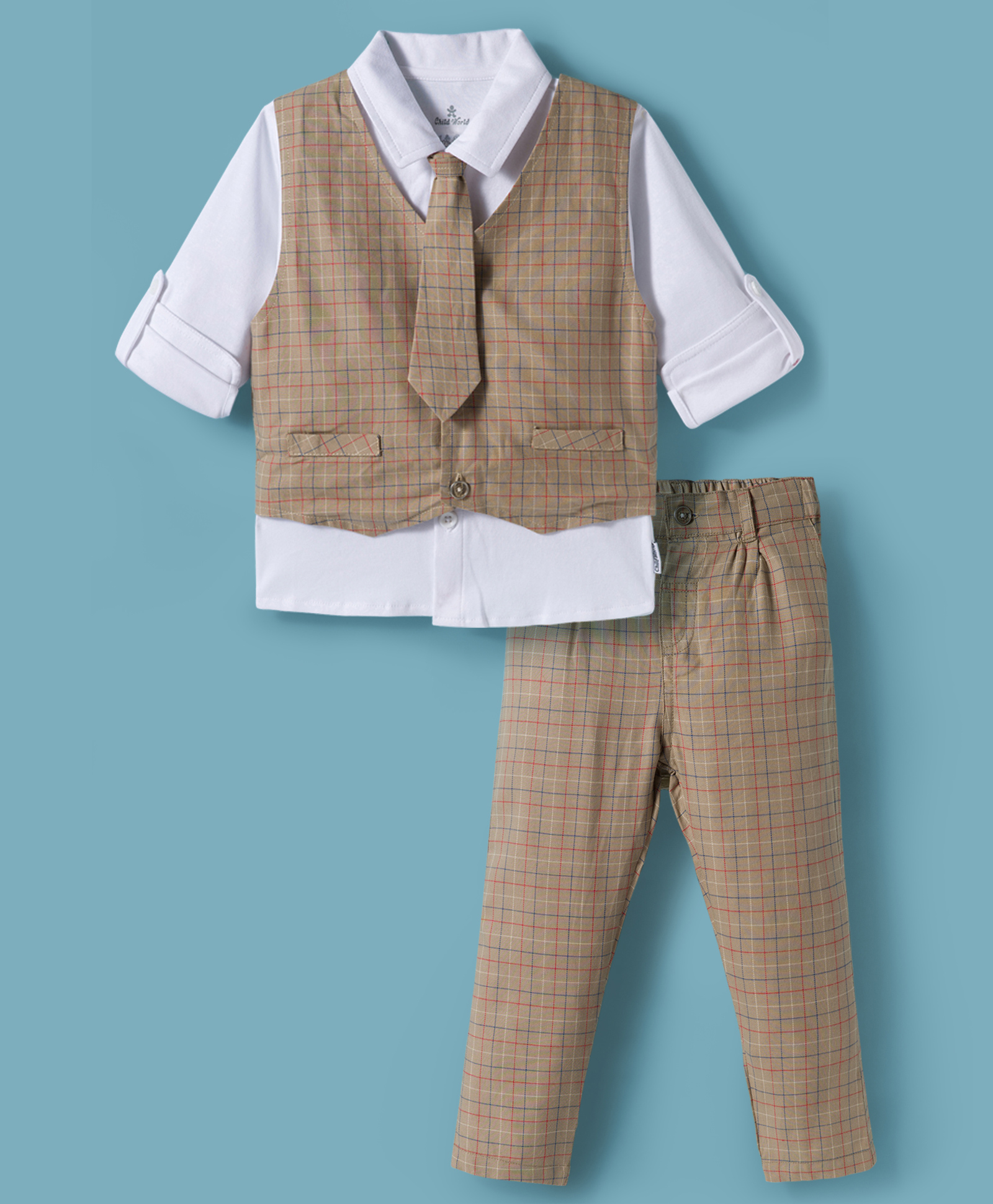Child World Textile Woven Full Sleeves 3 Pieces Checker Party Suit with Tie - Tan-image-36