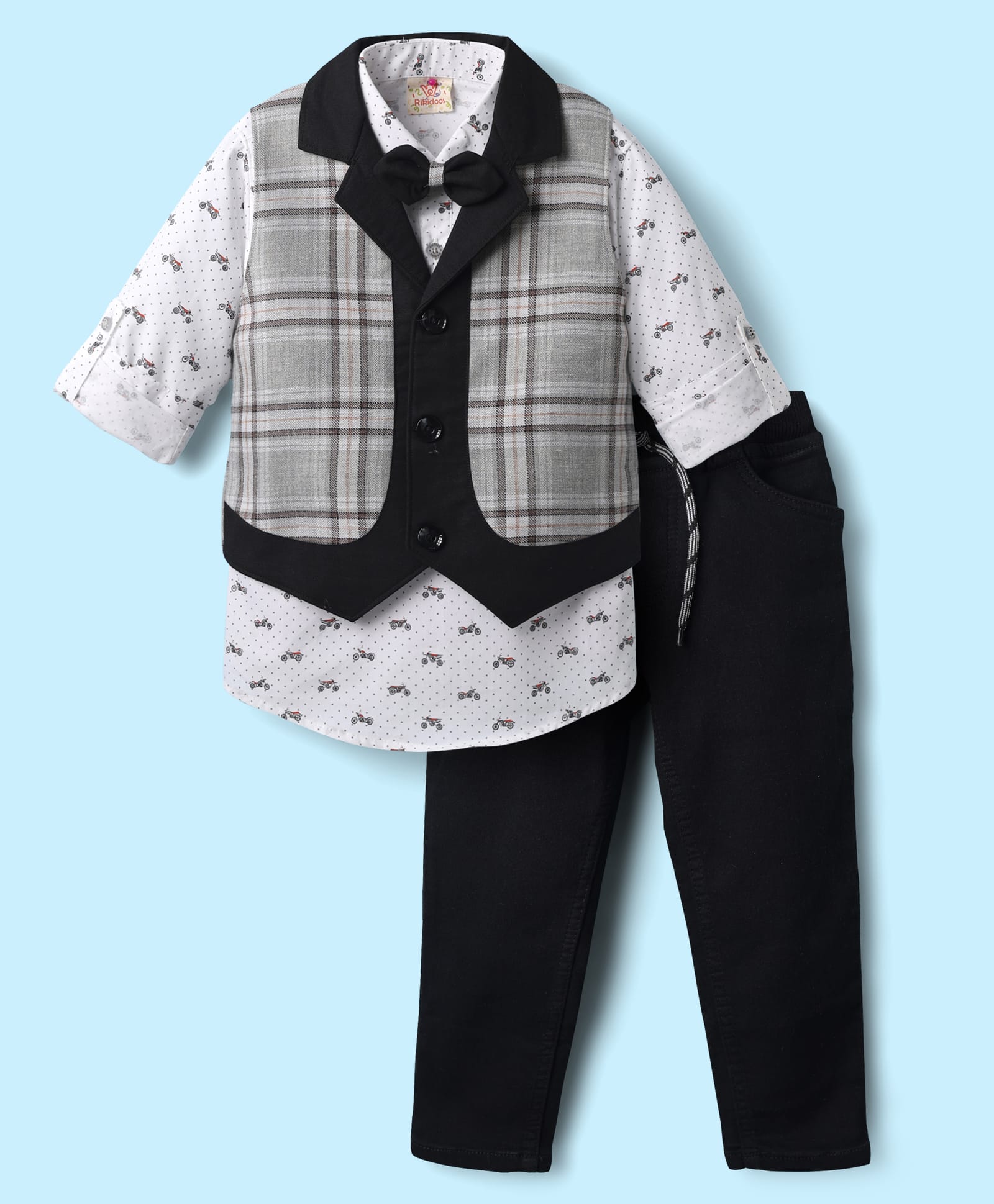 Rikidoos Full Sleeves Checked & Motorcycle Printed 3 Piece Party Suit Set With Bow - White & Black-picture-17