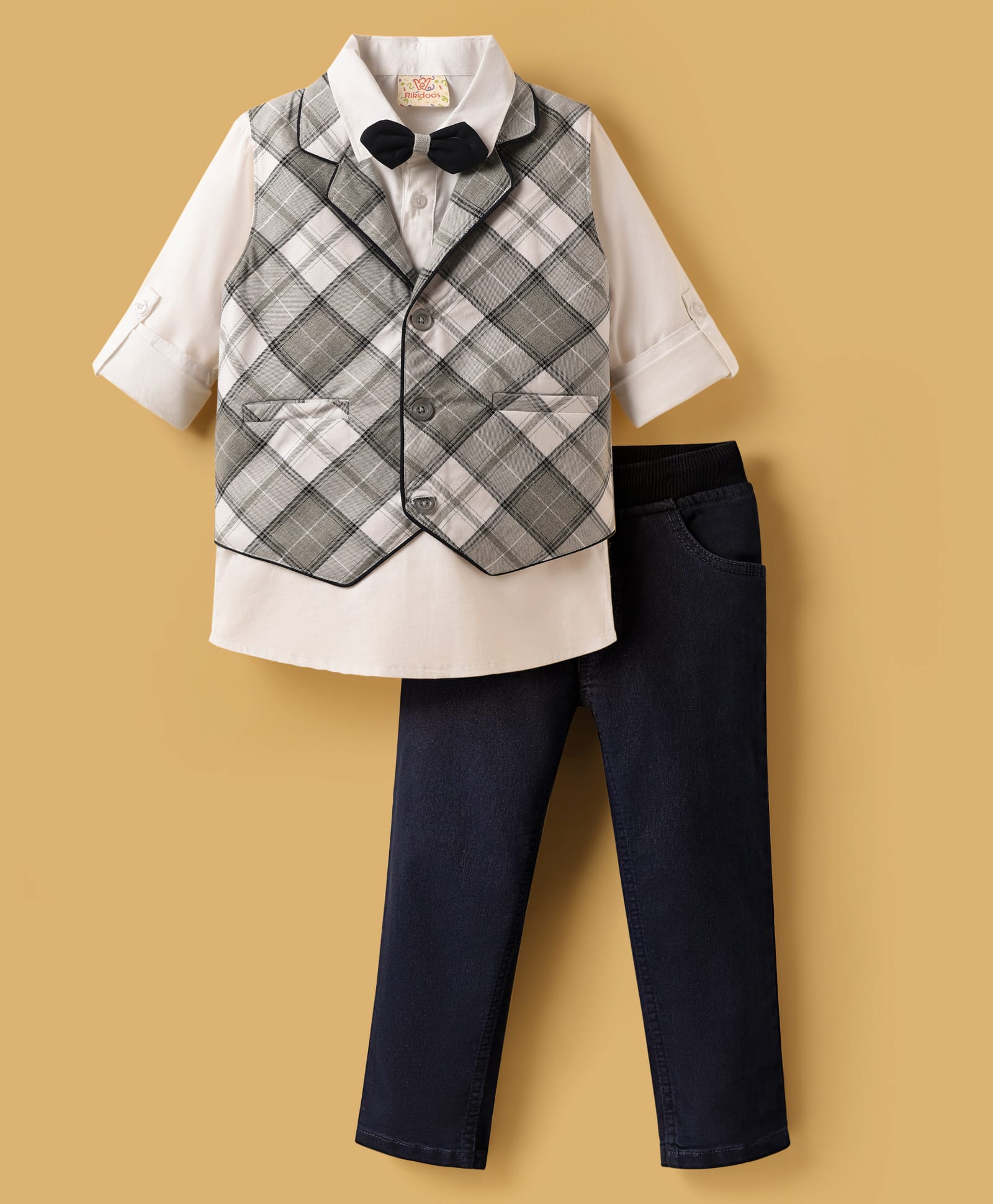 Rikidoos Full Sleeves Checked 3 Piece Party Suit Set With Bow - White & Navy Blue-image-49