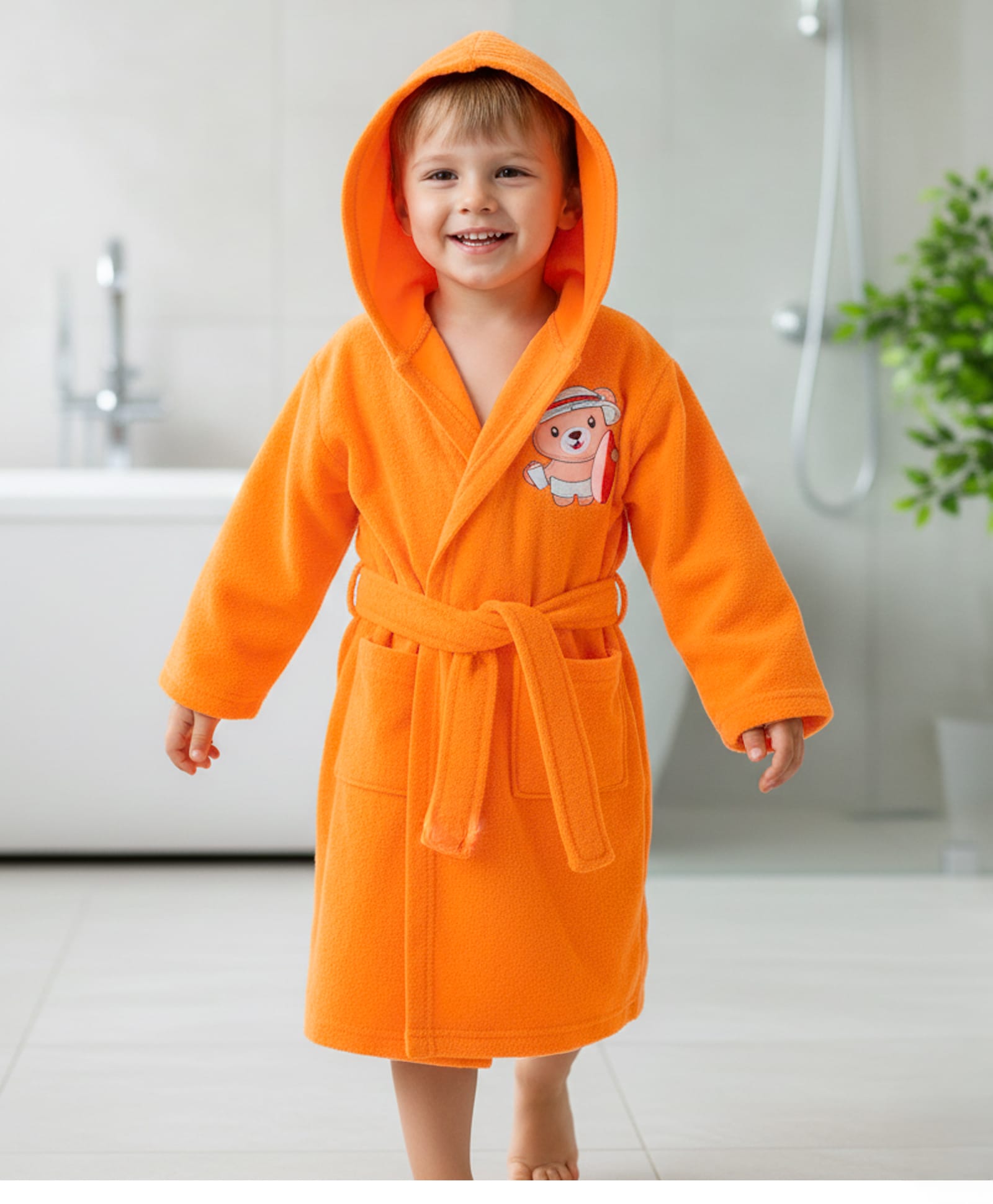 Babyhug Terry Cotton Knit Full Sleeves Bathrobe with Hood & Bear Embroidery - Orange