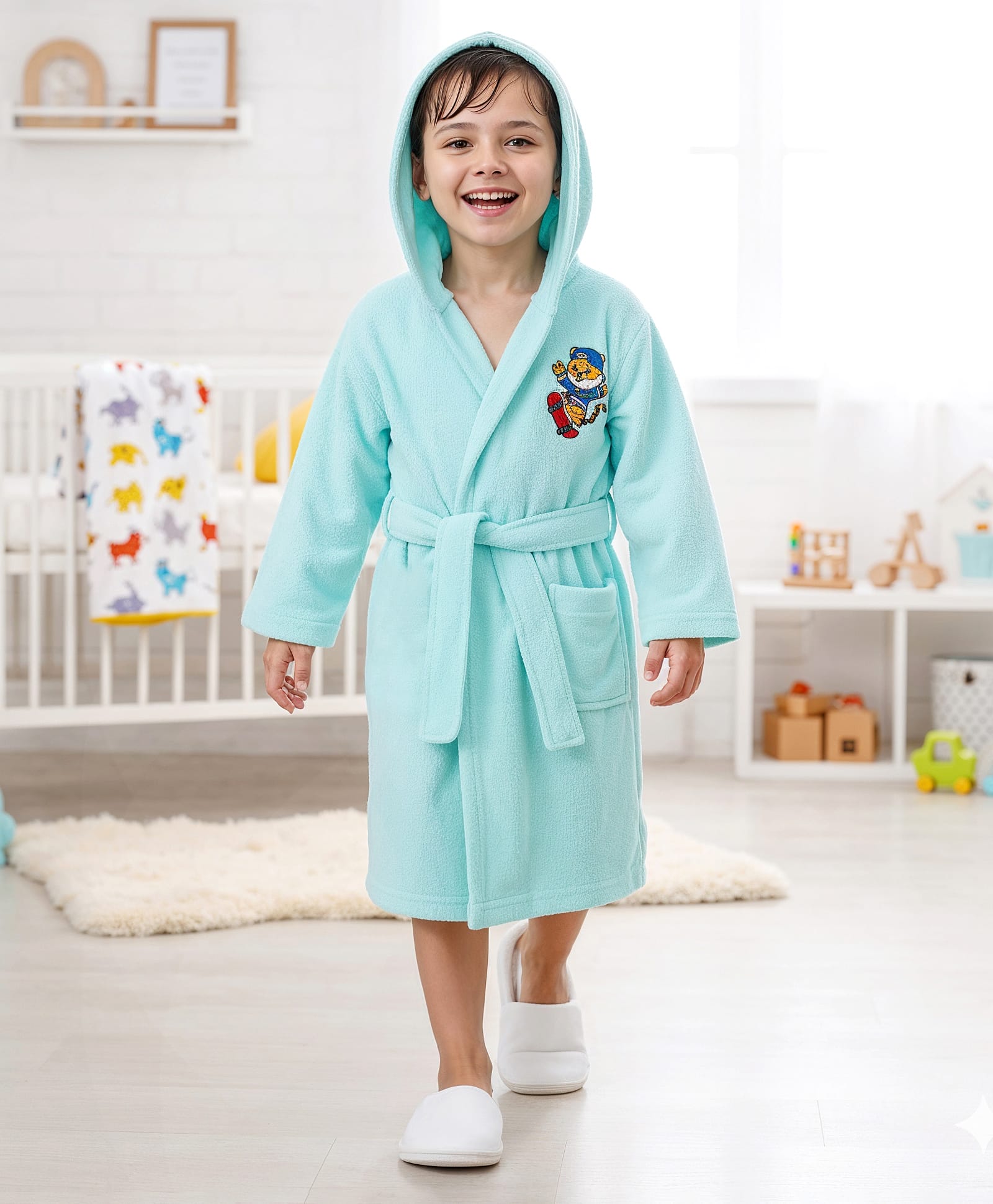 Babyhug Terry Knit Full Sleeves Hooded Bathrobe Tiger Embroidery - Aqua Blue