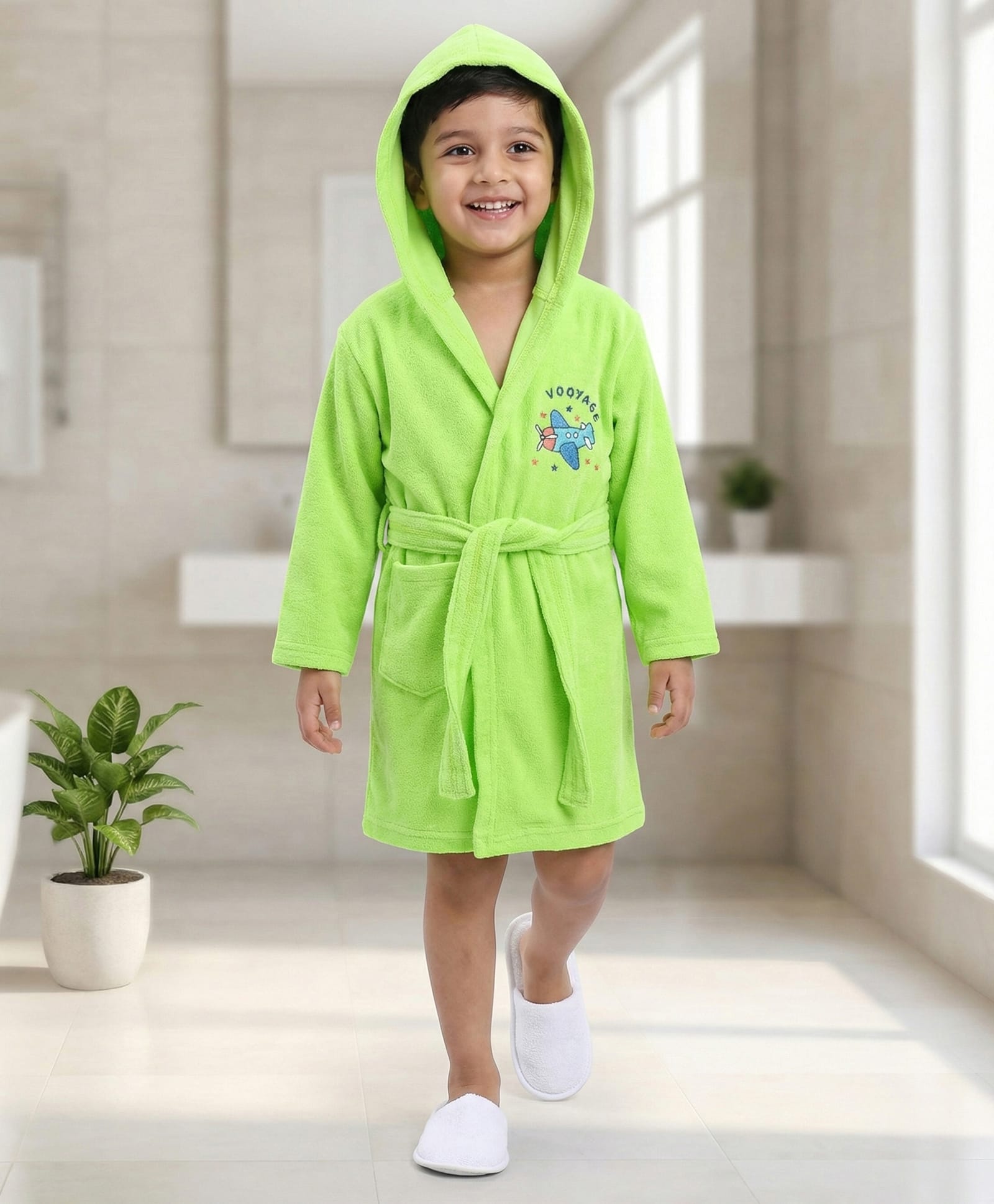 Babyhug Terry Knit Full Sleeves Hooded Bathrobe Airplane Embroidery - Light Green