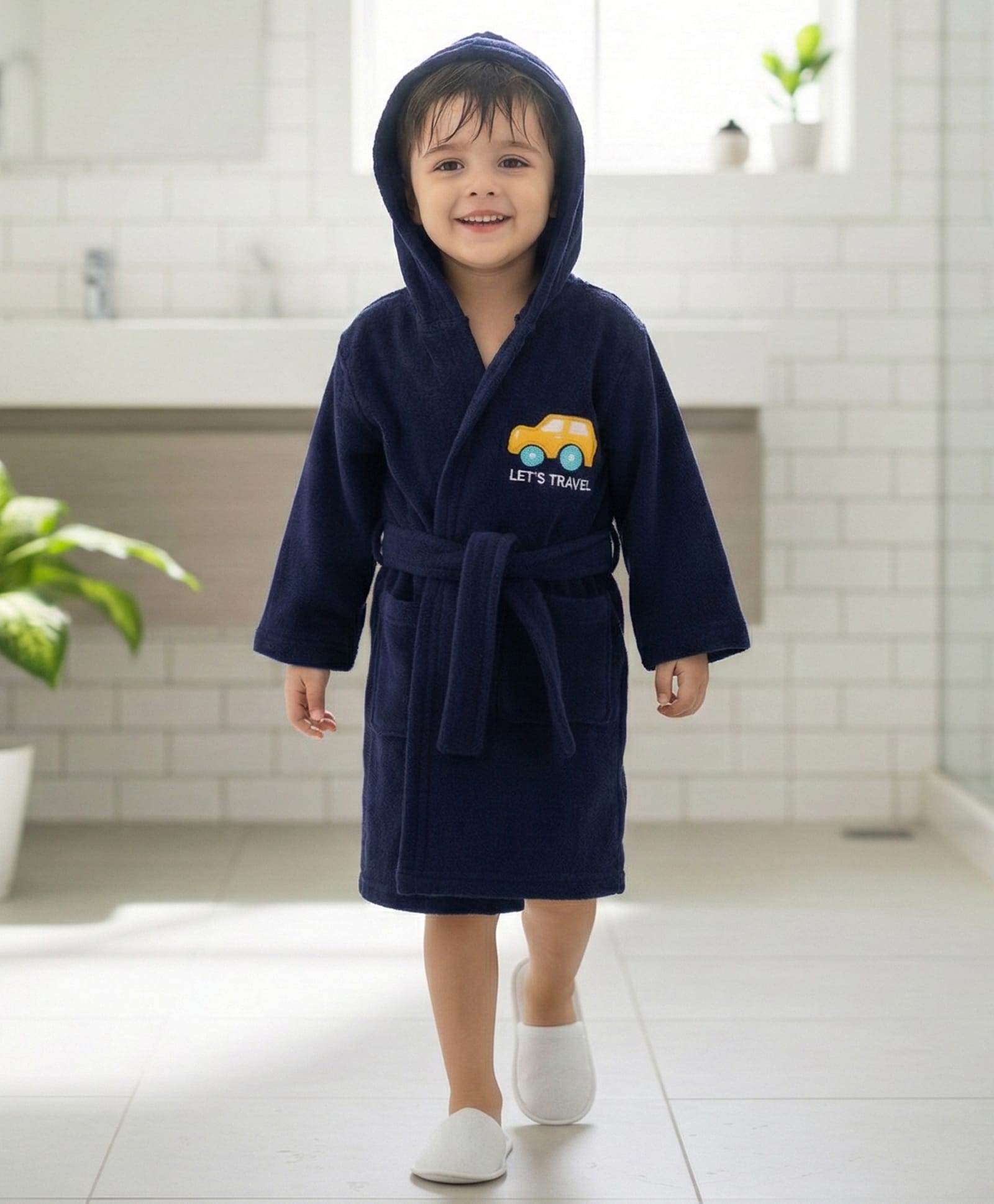 Babyhug Terry Knit Full Sleeves Hooded Bathrobe With Embroidery - Navy Blue
