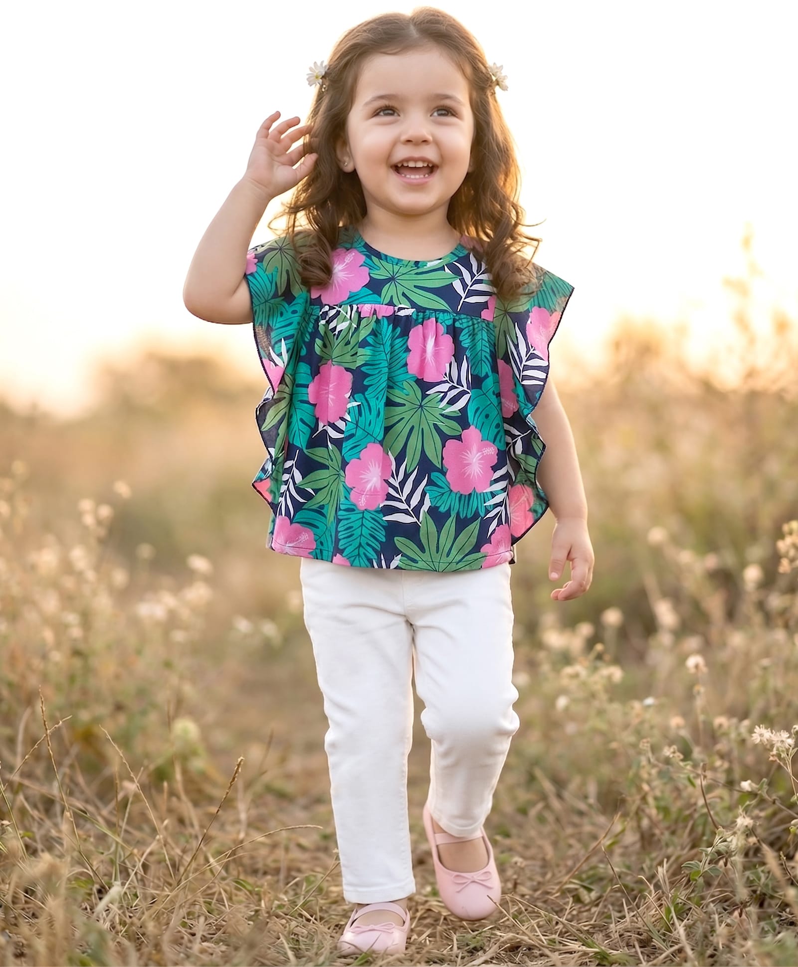 Babyhug Rayon Knit Flutter Sleeves Top & Denim Jeans Set With Floral & Leaf Print - Navy Blue & White-image-39