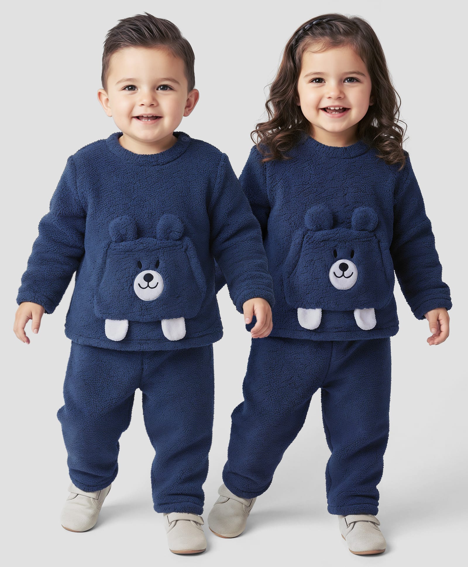 Babyhug Fur Knit Full Sleeves Top & Pant Winter Wear Suit Set with Kangaroo Pocket & Teddy Print Applique - Navy Blue-image-12