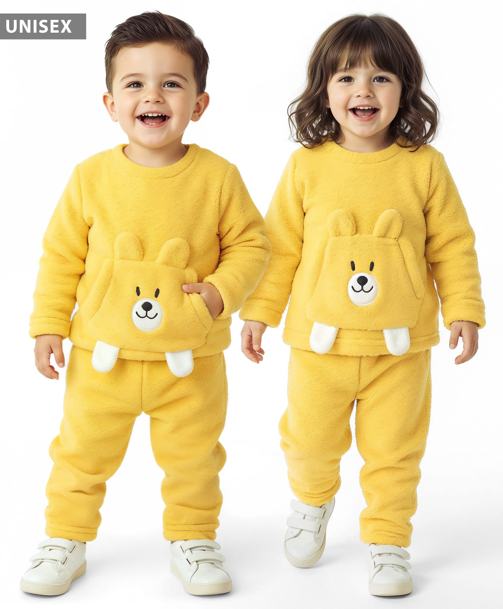 Babyhug Fur Knit Full Sleeves T-Shirt & Lounge Pant Set with Kangaroo Pocket & Puppy Applique - Yellow-image-4