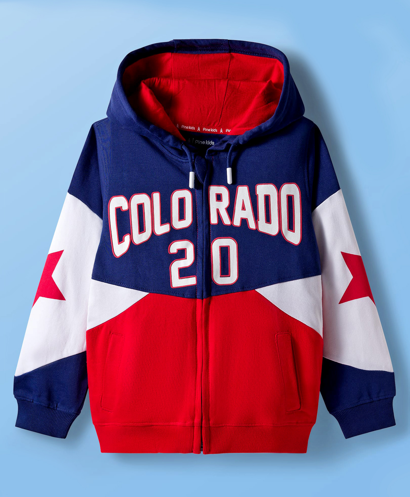 Pine Kids Cotton Knit Full Sleeves Hooded Sweatjacket With Colorado Print - Navy Blue Red & White-picture-24