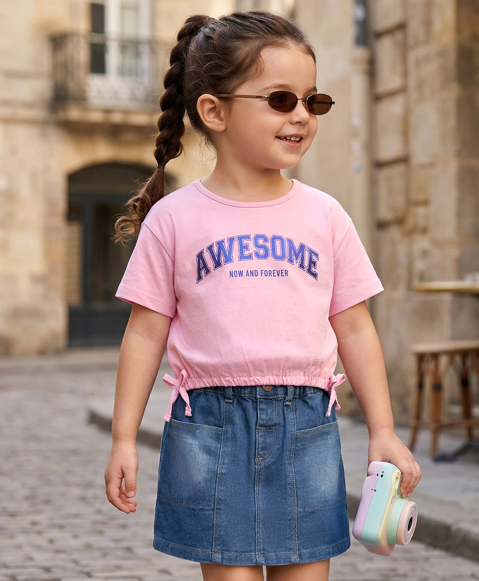 Babyhug Single Jersey Knit Half Sleeves Top & Denim Skirt Set with Text Print - Pink & Blue-image-22