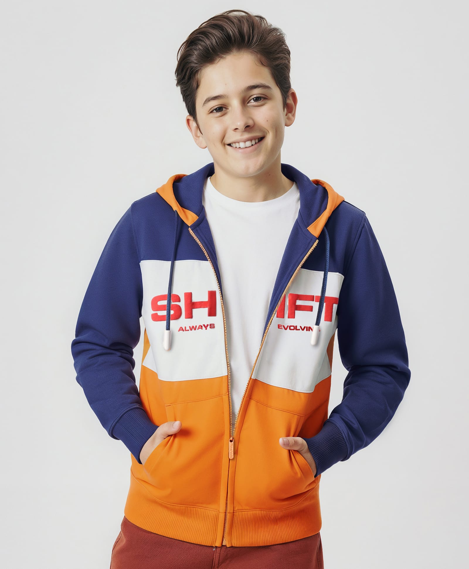 Pine Kids Cotton Knit Full Sleeves Cut & Sew Designed Hooded Sweatjacket with Text Print & Kangaroo Pockets - Orange Blue & White-picture-21