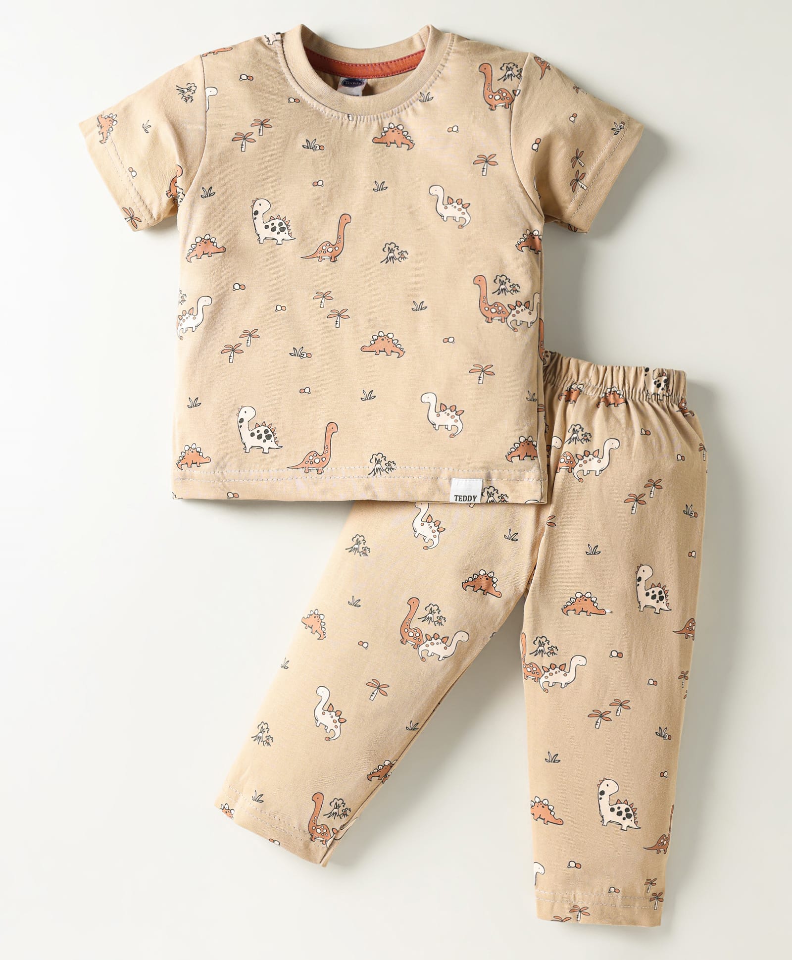 Teddy Sinker Knit Half Sleeves Co-ords Night Suit with Dino Print - Tan