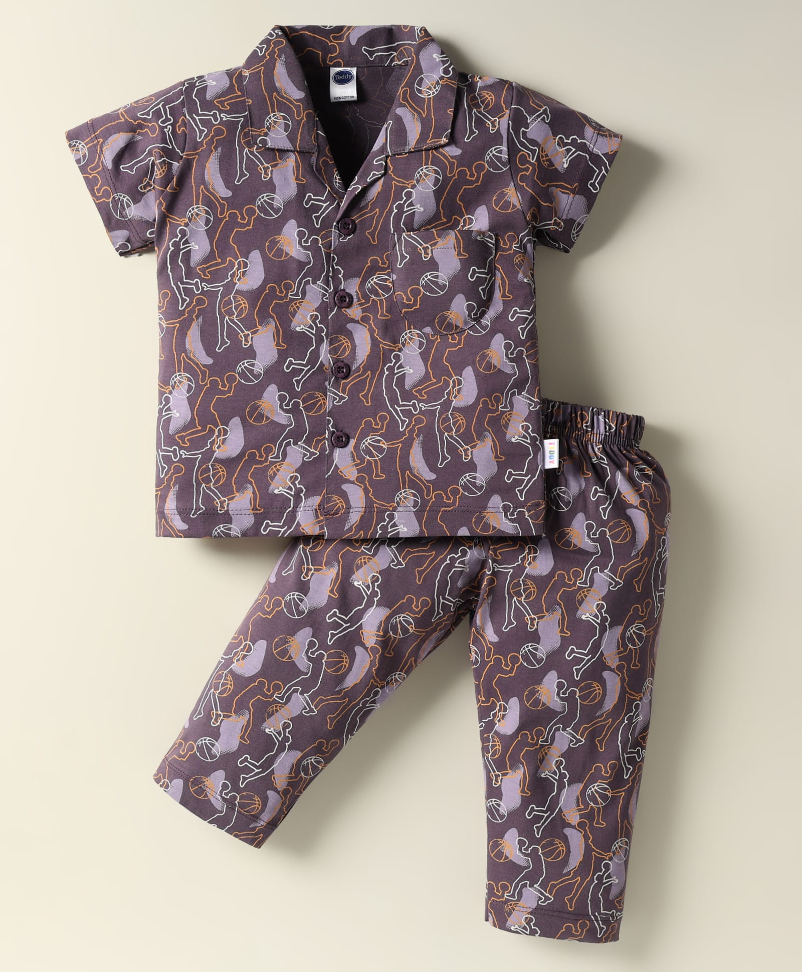 Teddy Sinker Knit Half Sleeves Sports Theme Printed Co-Ord Night Suit - Wine-image-41