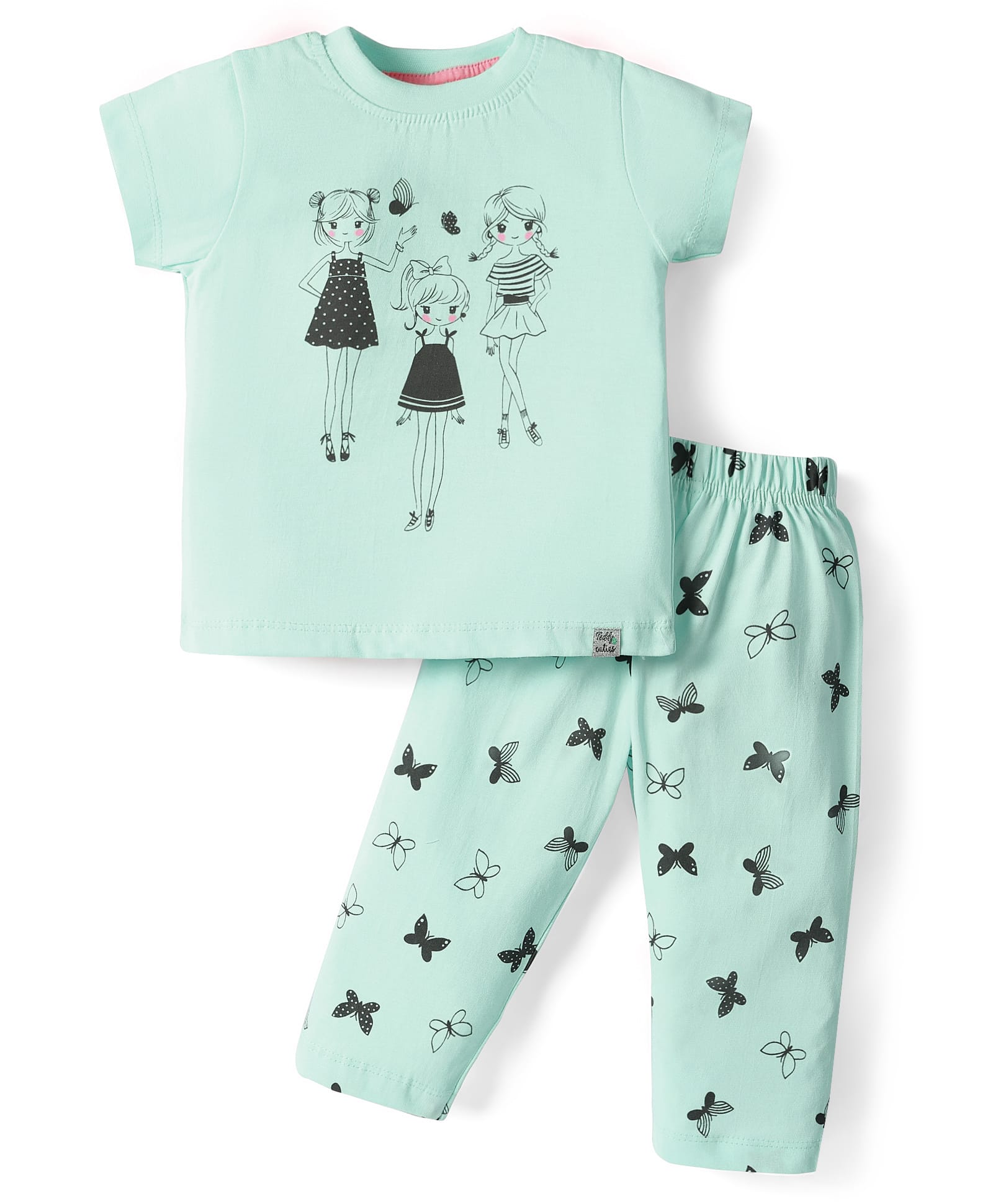 Teddy Sinker Knit Half Sleeves Night Suit with Butterfly Print - Sea Green-picture-25