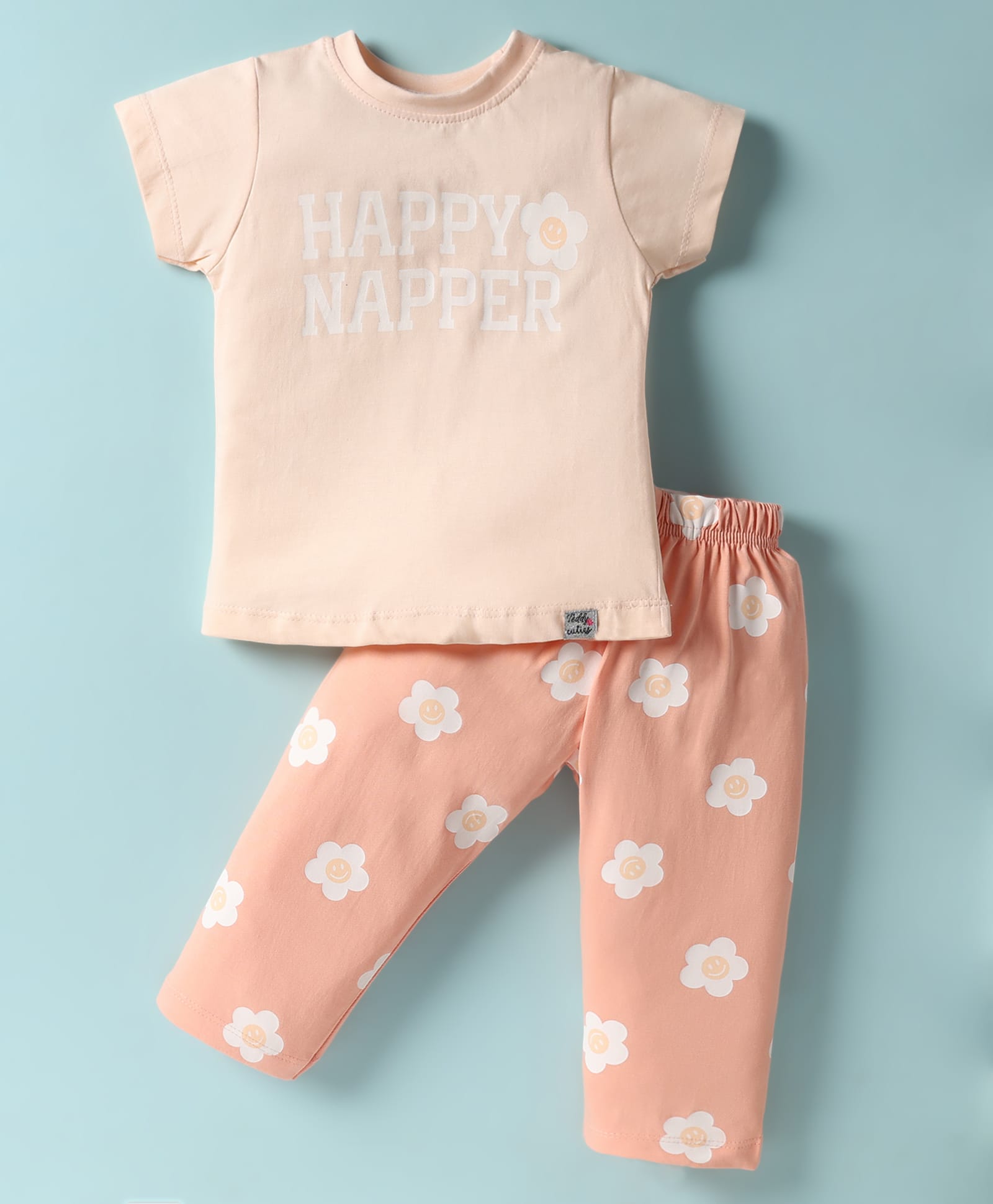 Teddy Sinker Knit Half Sleeves Night Suit with Floral & Text Print - Peach-image-40