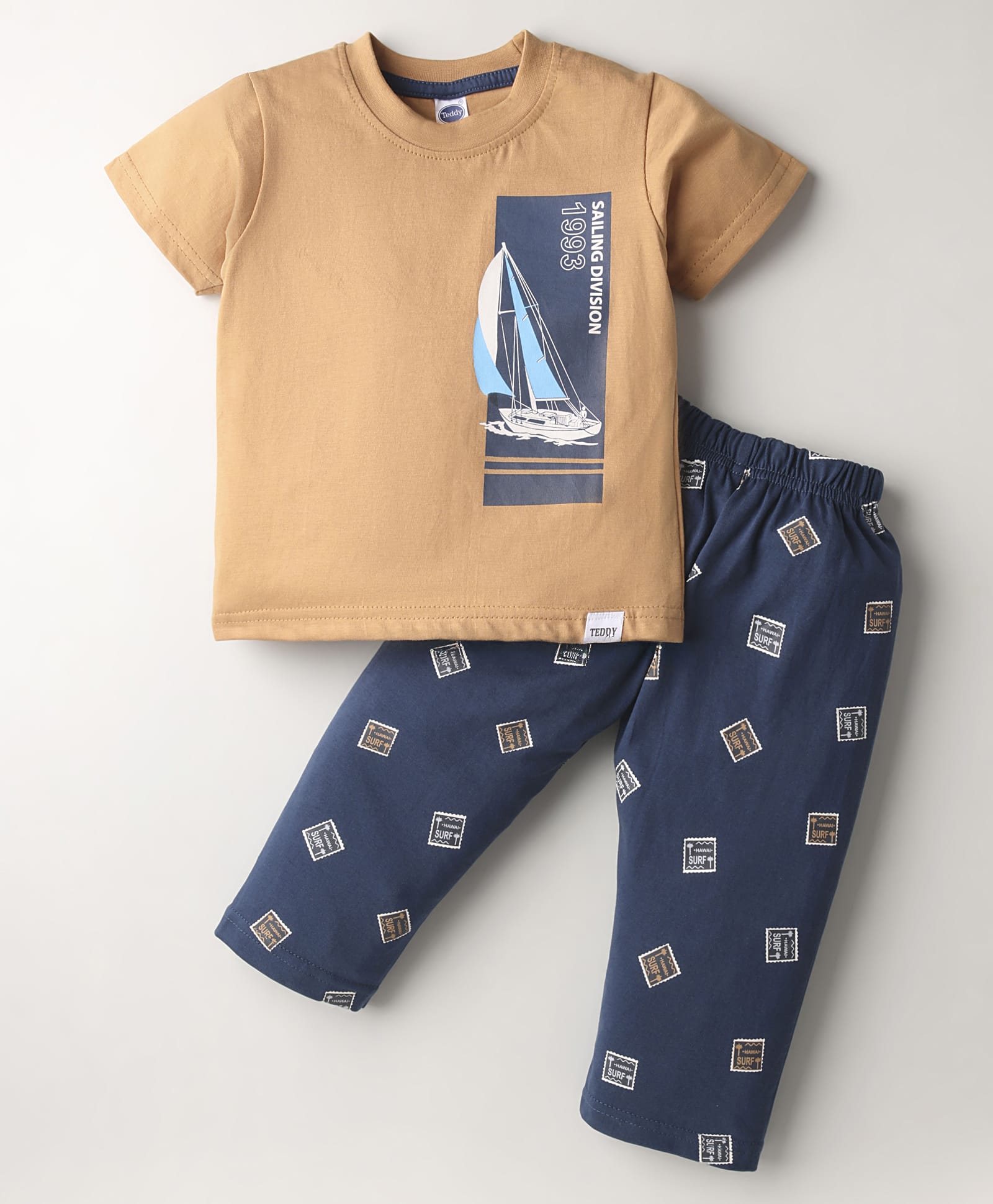 Teddy Sinker Half Sleeves Night Suit With Nautical Theme Print - Navy Blue & Tan-image-43