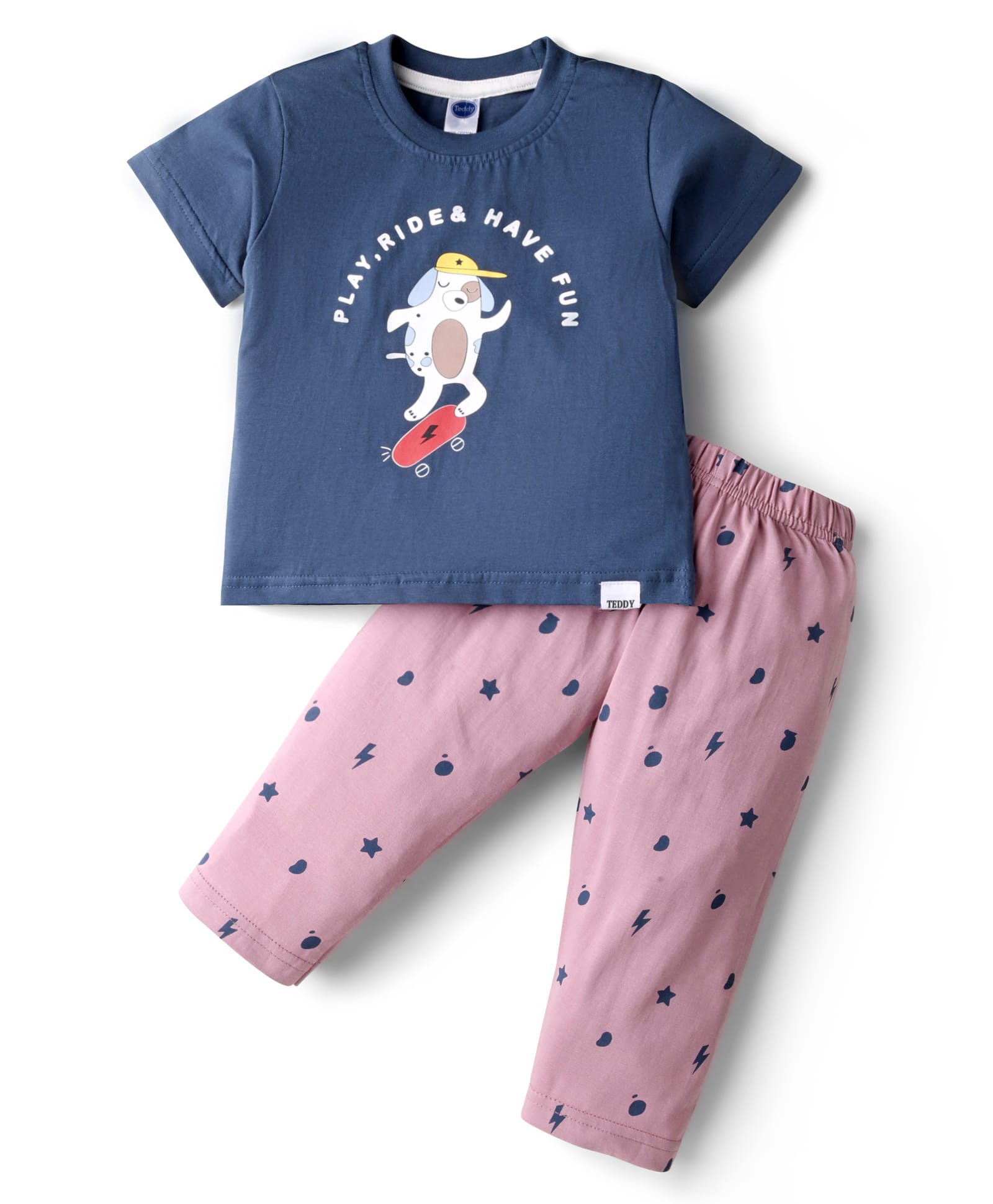 Teddy Sinker Knit Half Sleeves Night Suit with Doggo Print - Navy Blue & Pink-picture-32