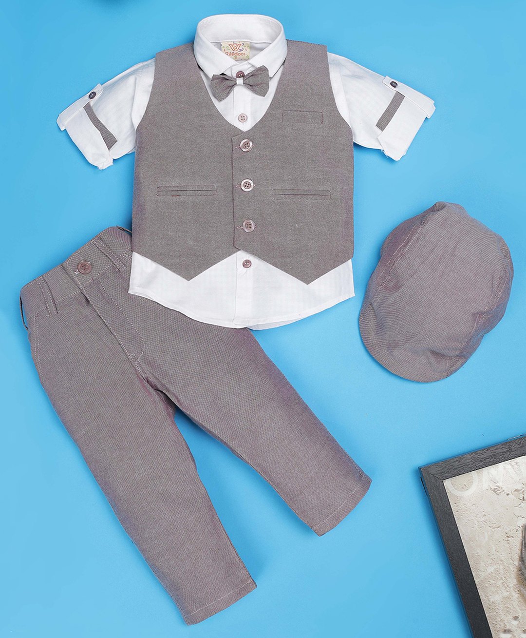 Rikidoos Full Sleeves Checked 3 Piece Party Suit Set With Bow & Cap - Purple Brown & White-picture-12