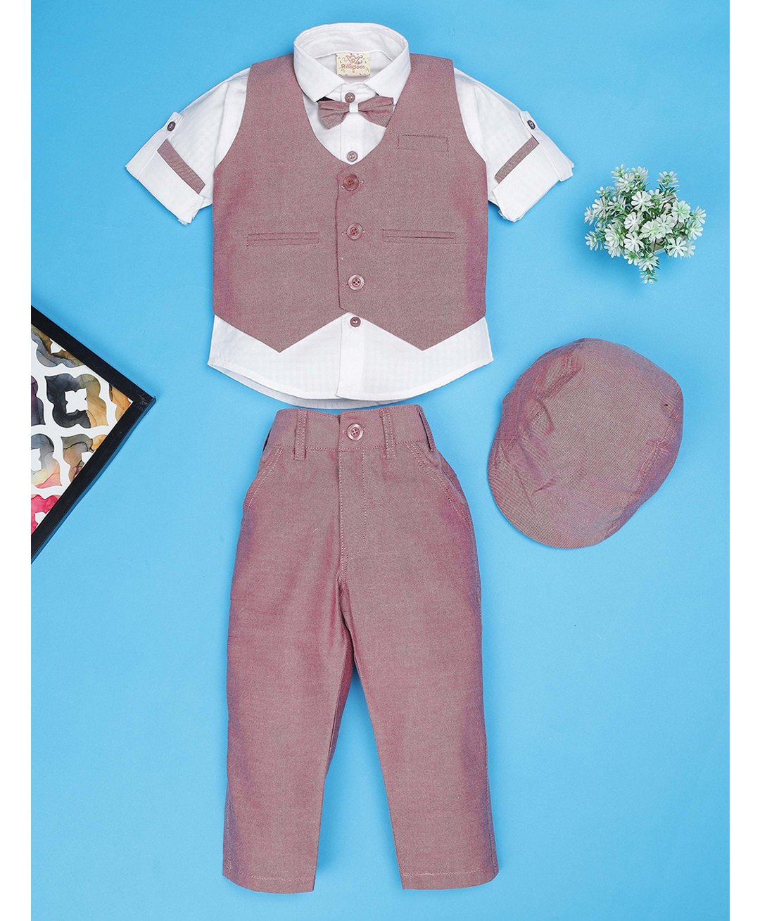 Rikidoos Full Sleeves Solid 3 Piece Party Suit Set With Bow & Cap - Red & White-picture-17