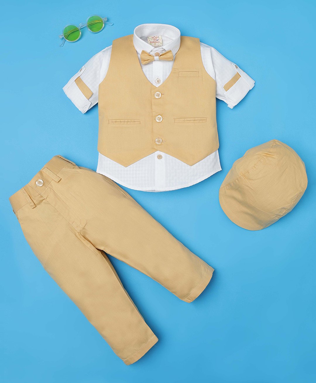 Rikidoos Full Sleeves Solid 3 Piece Party Suit Set With Bow & Cap - White & Fawn-picture-16