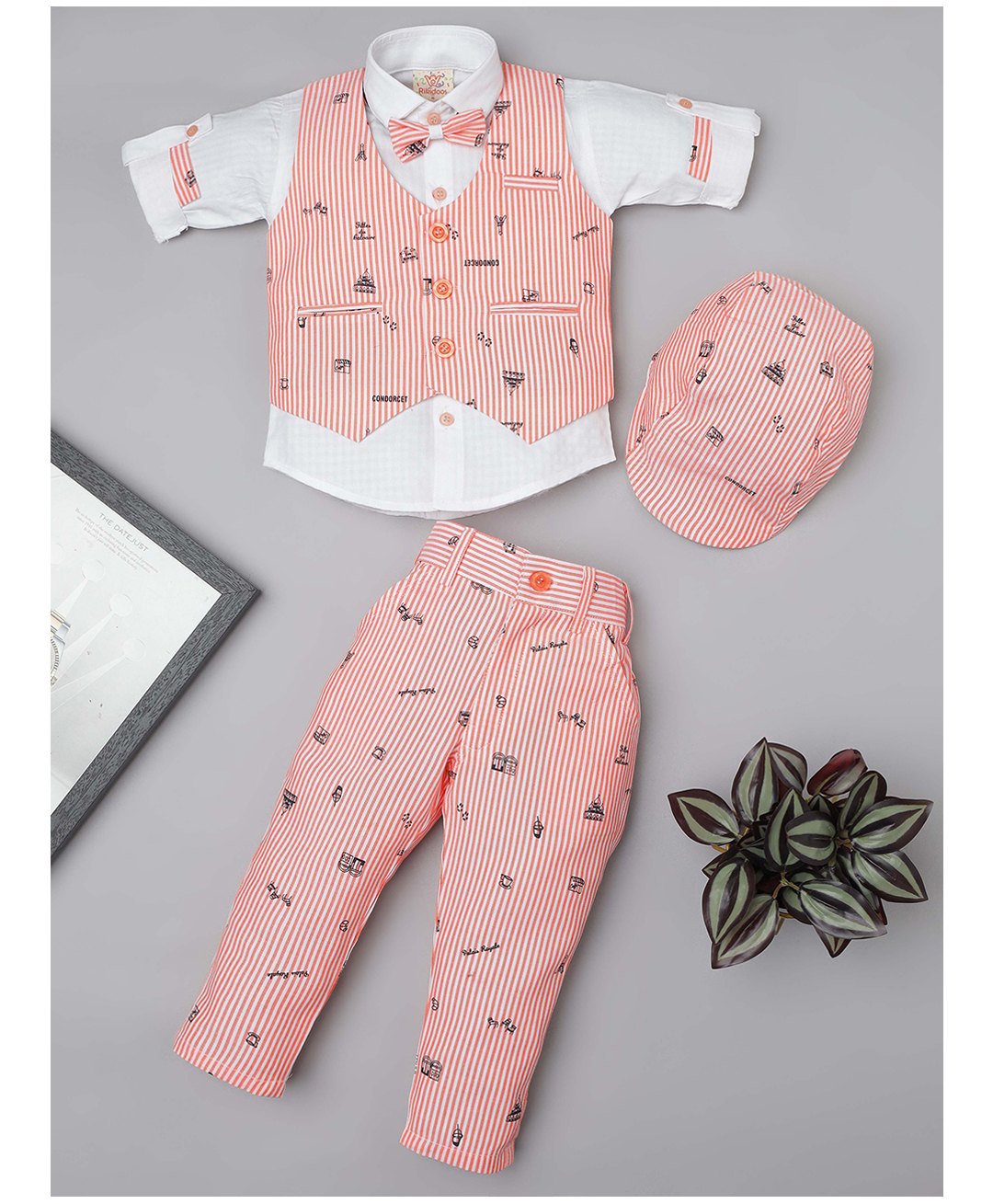 Rikidoos Full Sleeves Striped & Typography Printed 3 Piece Coordinating Party Suit Set With Bow & Cap - Peach & White-image-32