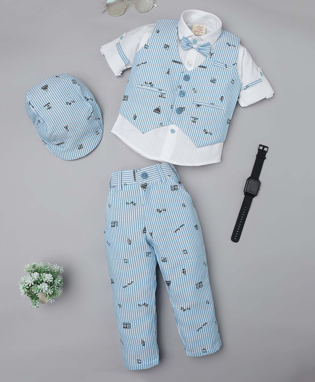 Rikidoos Full Sleeves Striped & Typography Printed 3 Piece Coordinating Party Suit Set With Bow & Cap - Sky Blue & White-image-31