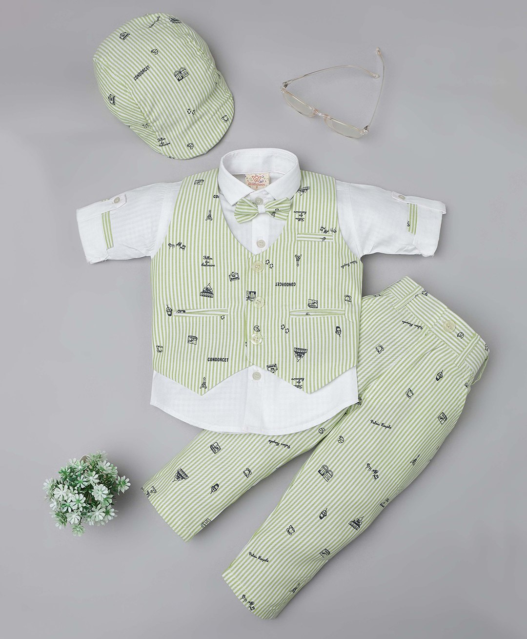 Rikidoos Full Sleeves Striped & Typography Printed 3 Piece Coordinating Party Suit Set With Bow & Cap - Pista & White-image-13