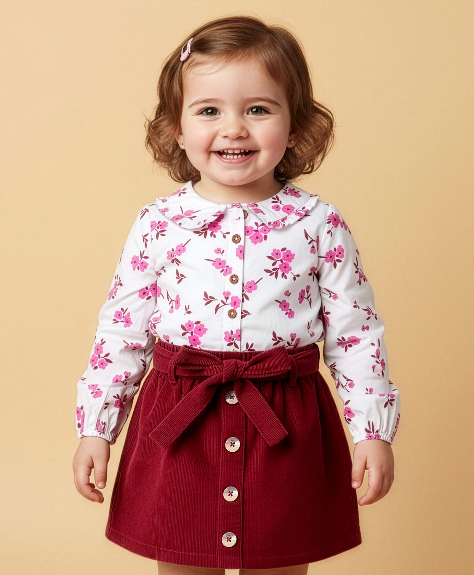 Babyoye Cotton Woven Full Sleeves Front Open Top & Skirt Set With Floral Print - White & Red-picture-13