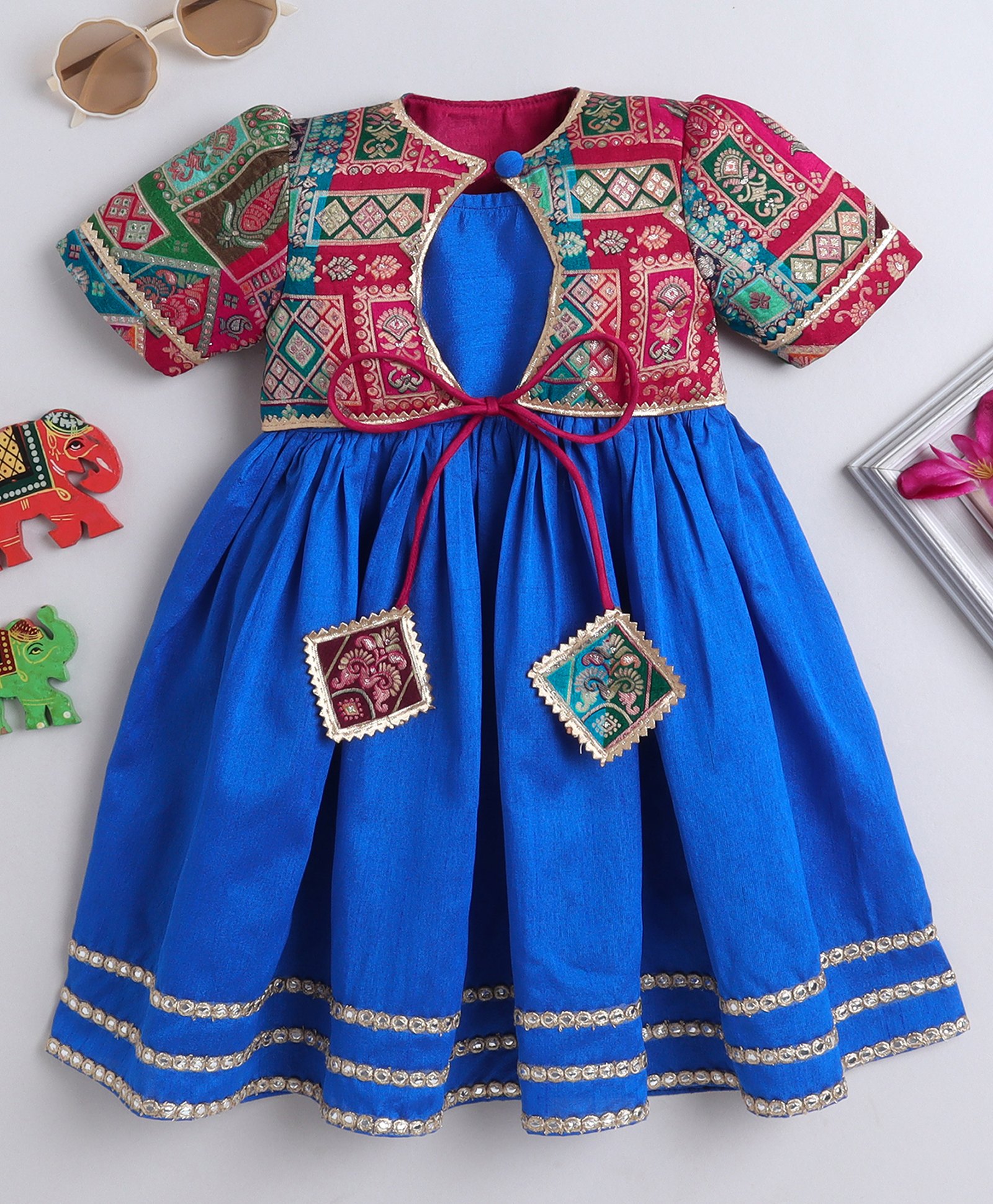 TINY MINY MEE Cotton Woven Mirror Work Embellished Dress With Half Sleeves Damask Embroidered Jacket Set - Blue-image-15