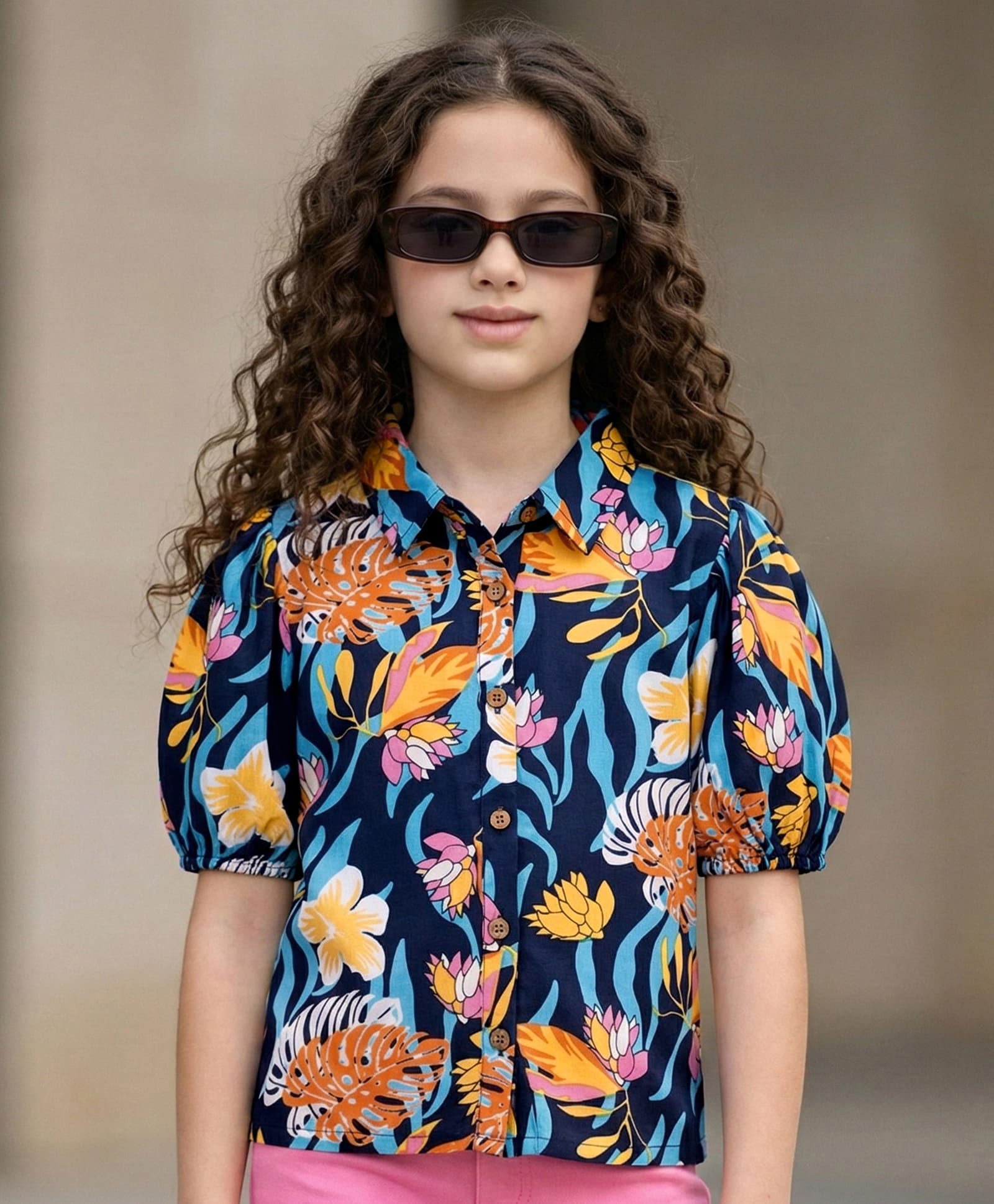 Pine Kids Woven Puffed Sleeves Top With Floral Print - Navy Blue