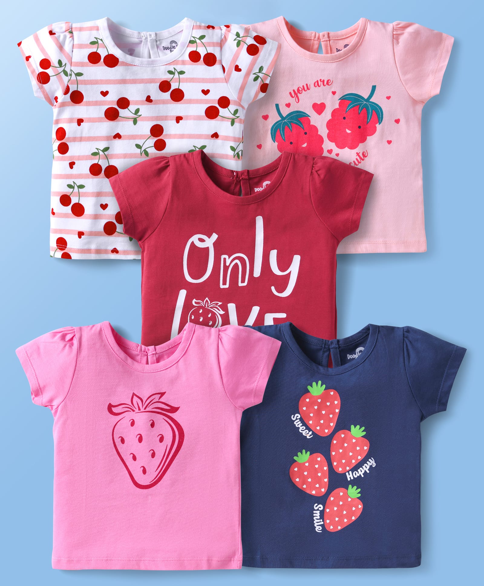Doodle Poodle 100% Cotton Knit Half Sleeves Fruit Printed Tops Pack of 5 - Multicolor-image-36