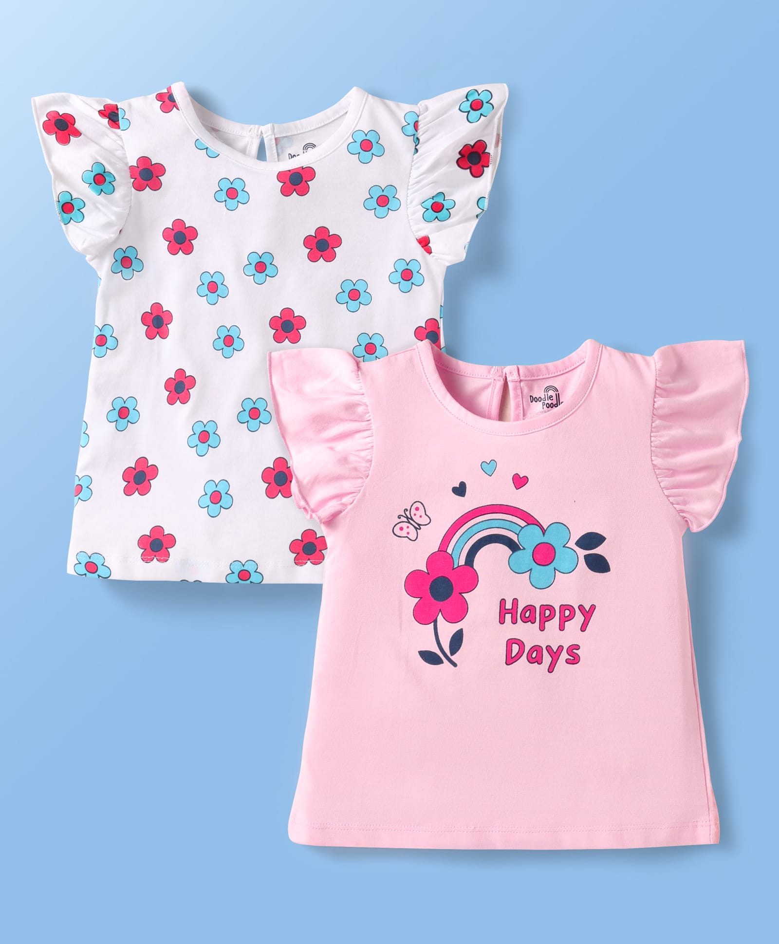 Doodle Poodle 100% Cotton Knit Frill Sleeves Tops with Floral & Text Print Pack Of 2 - Pink & White-image-15