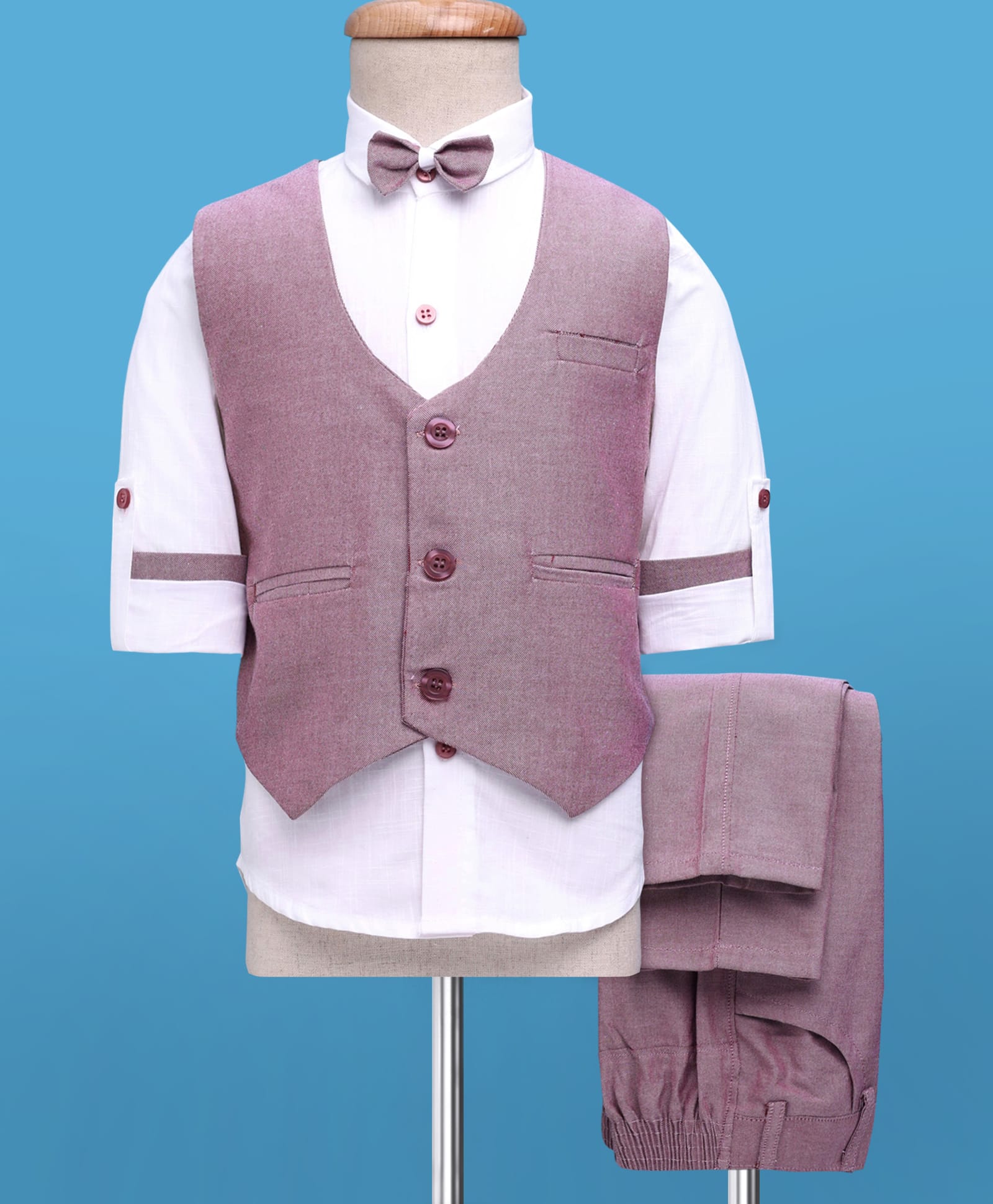 Rikidoos Full Sleeves Solid 3 Piece Party Suit Set With Bow - Maroon & White-image-0
