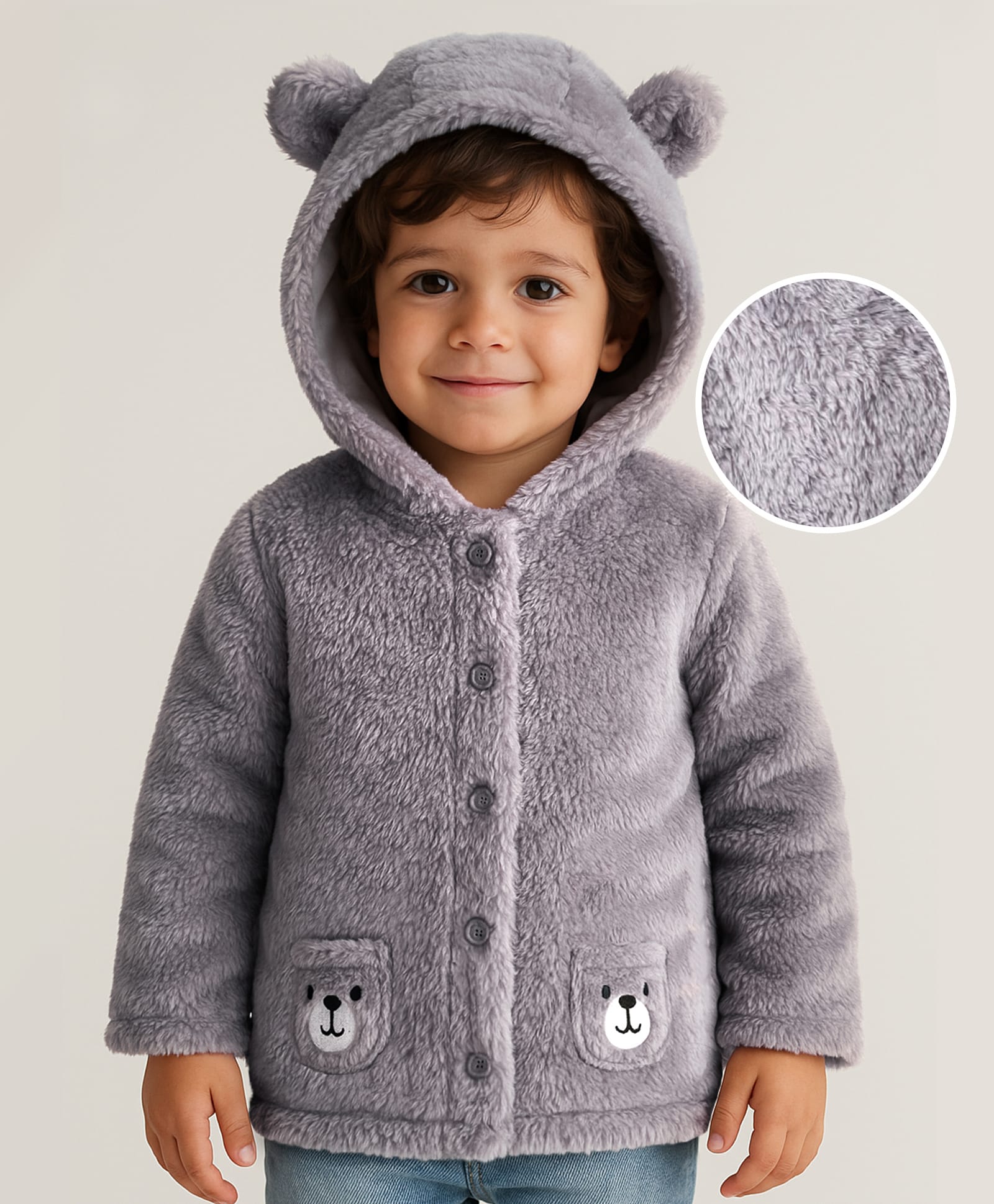 Babyhug Fur Knit Full Sleeves Hooded Winter Jacket With Teddy Bear Embroidery & Ear Applique - Grey-picture-18