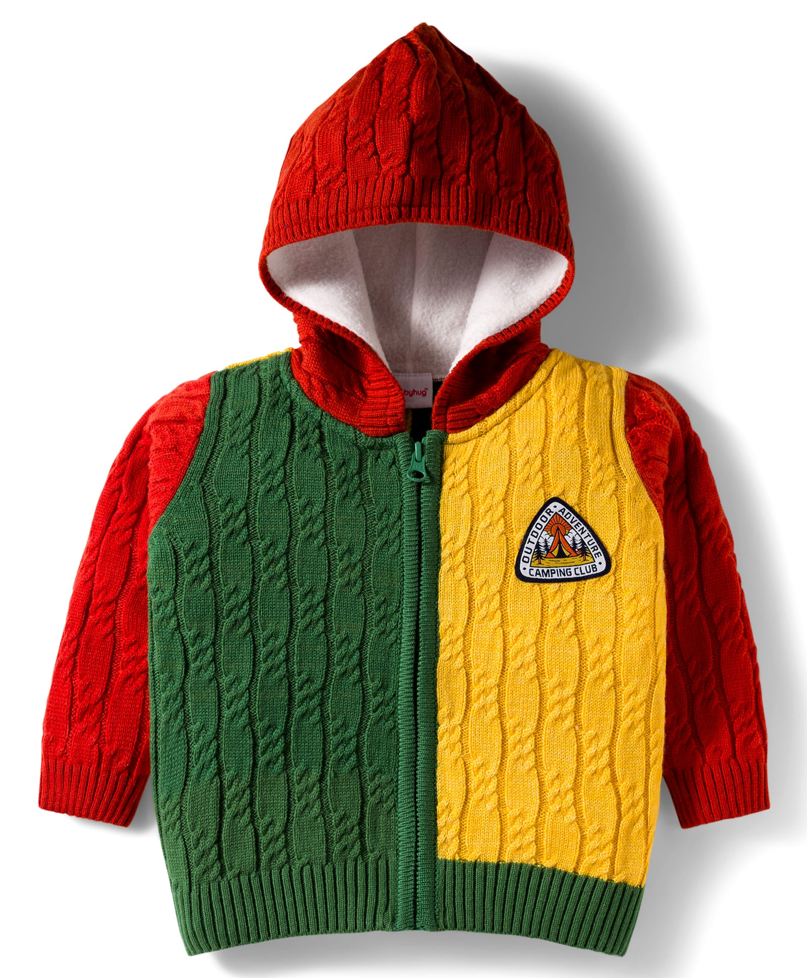 Babyhug Knit Full Sleeves Front Open Hooded Sweater with Color Block Design & Adventure Patch - Red Green & Yellow-image-1